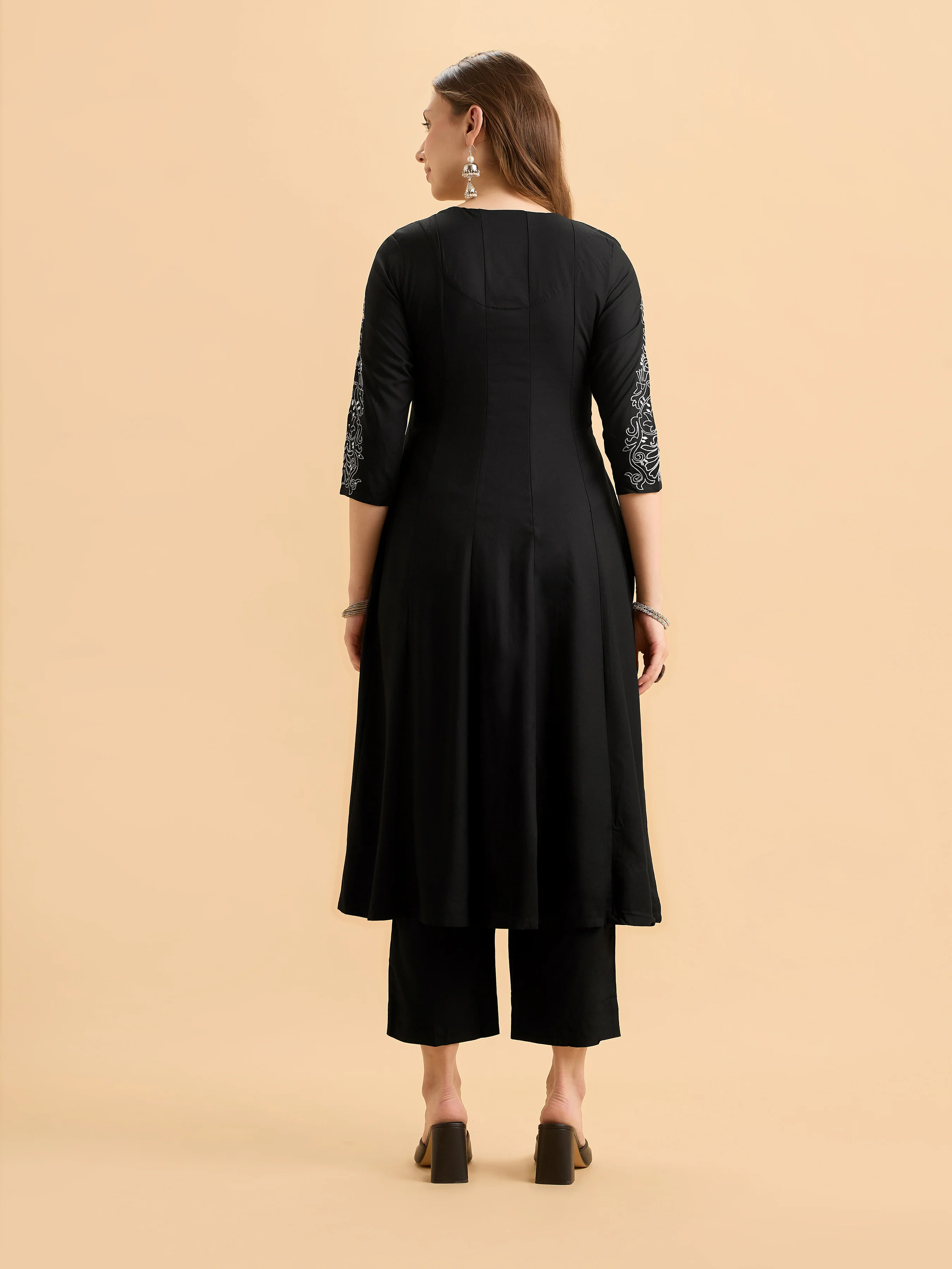 Black Viscose Kali Cut Kurti Set With Embroidery And Sequins - Image 6