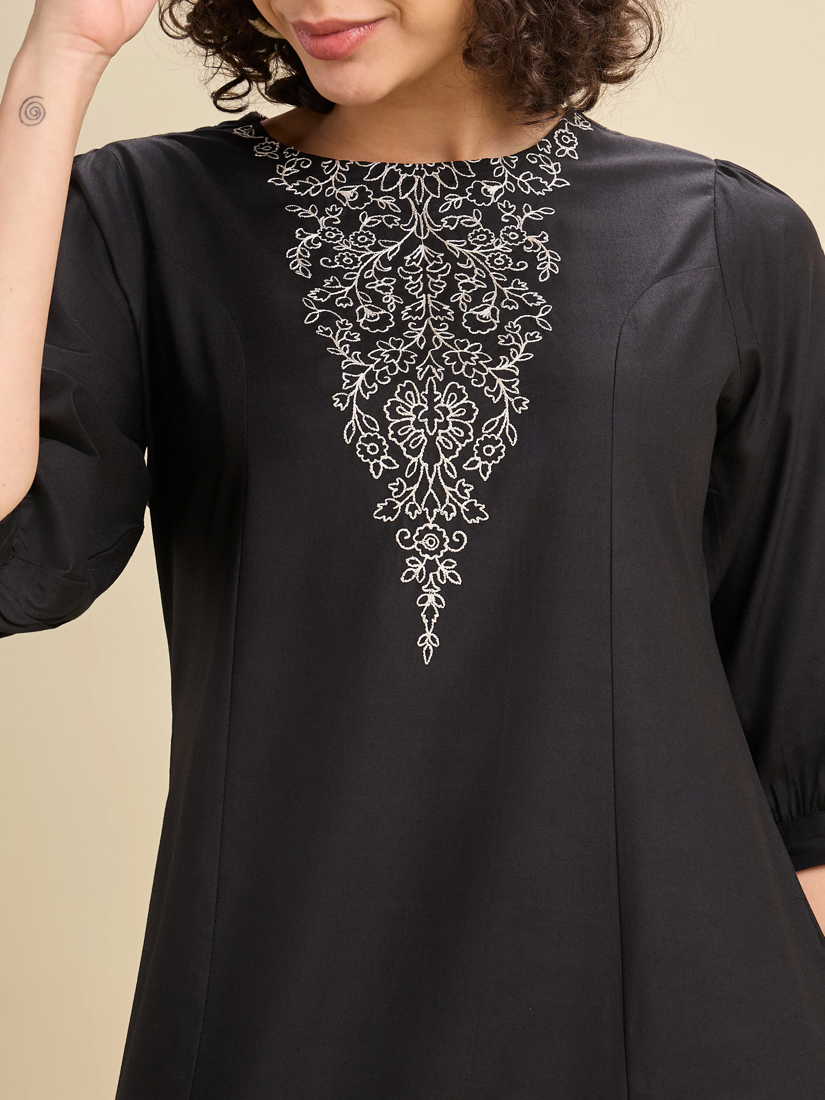 Black Viscose Plain Flared Center Panel Kurti With Embroidery - Image 2