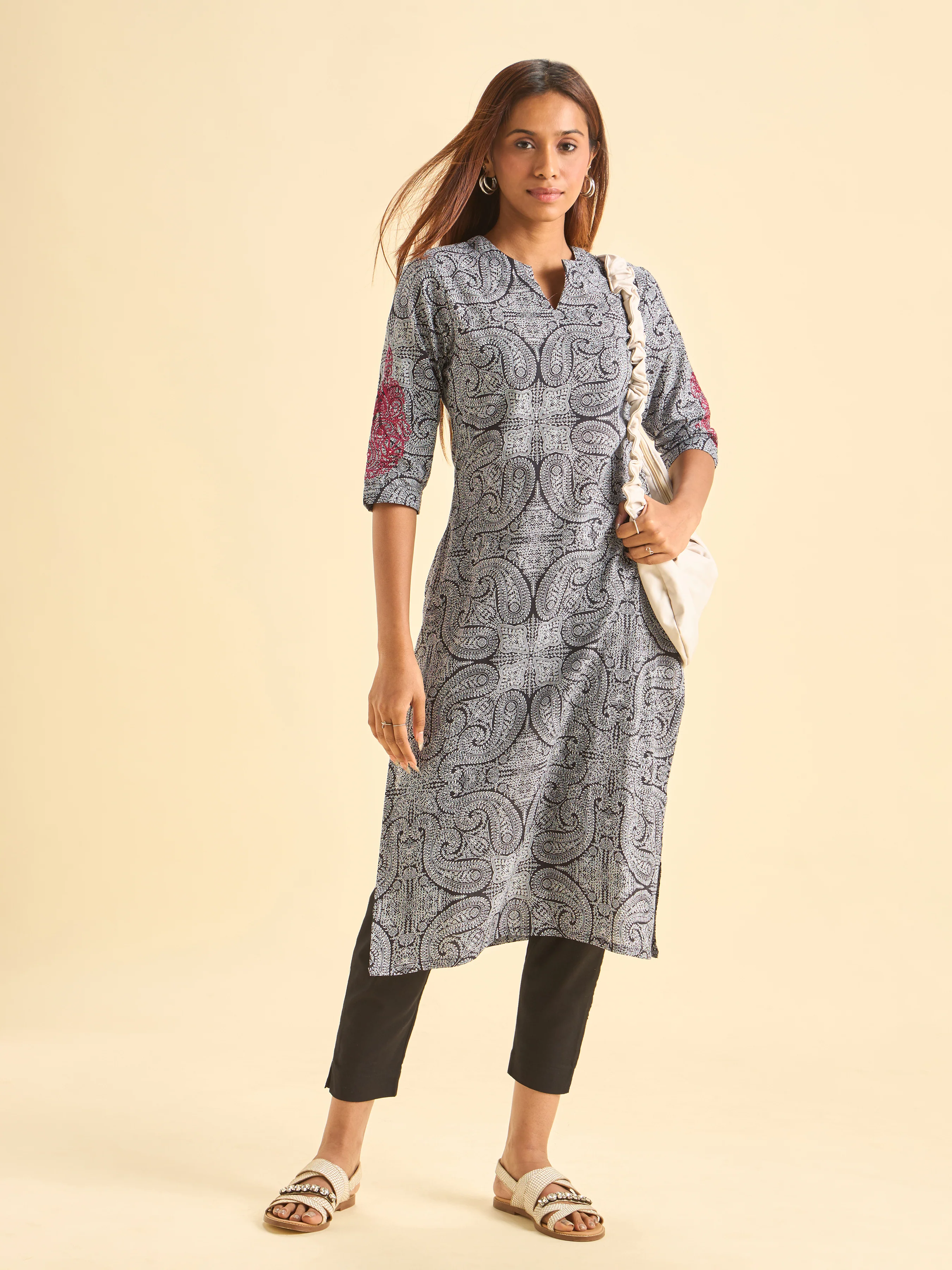 Black White Pure Cotton Printed Kurti With Embroidery - Image 3