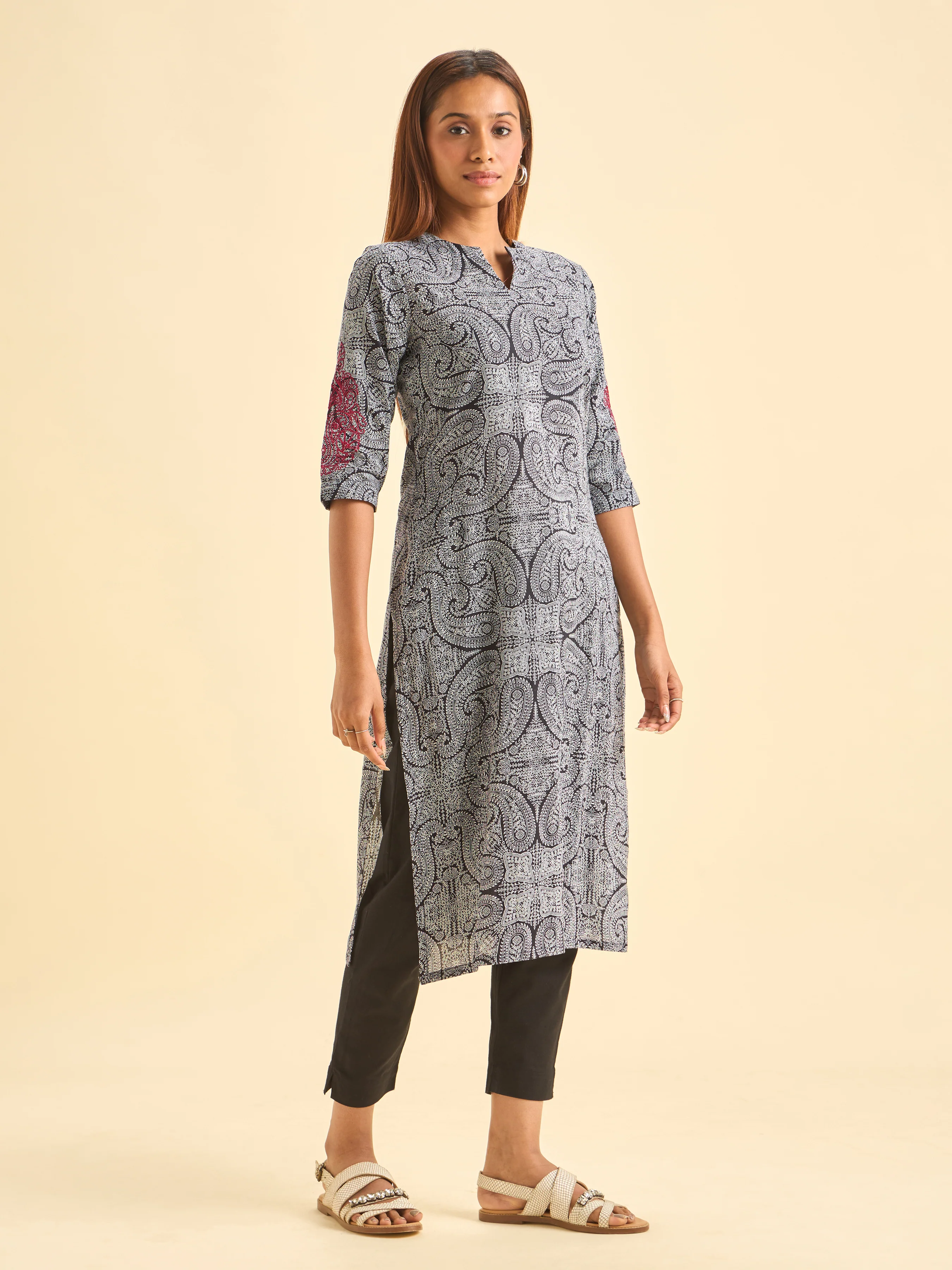Black White Pure Cotton Printed Kurti With Embroidery - Image 5