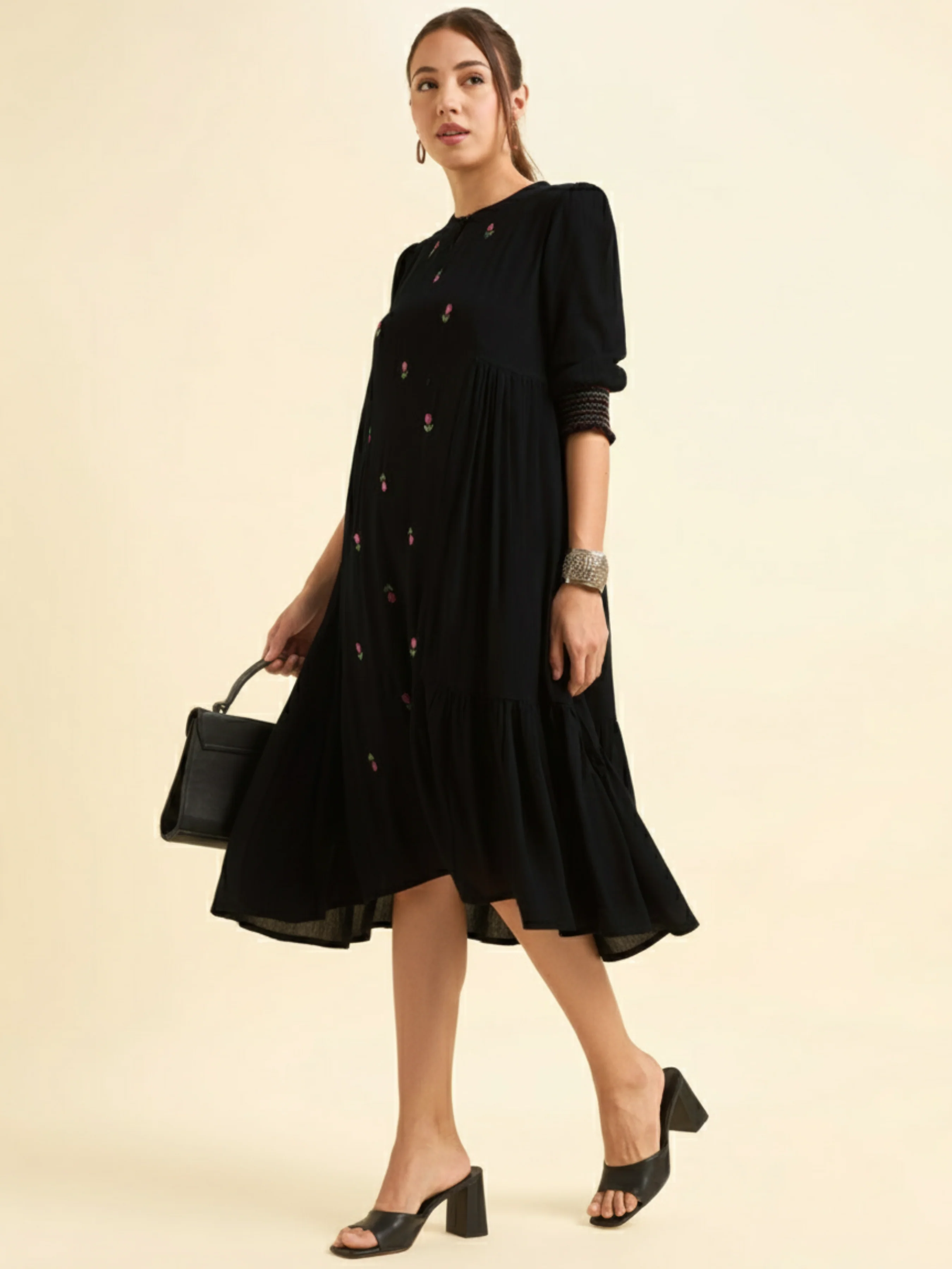 Black Wrinkle Viscose Flared Plain Kurti With Embroidery - Image 2