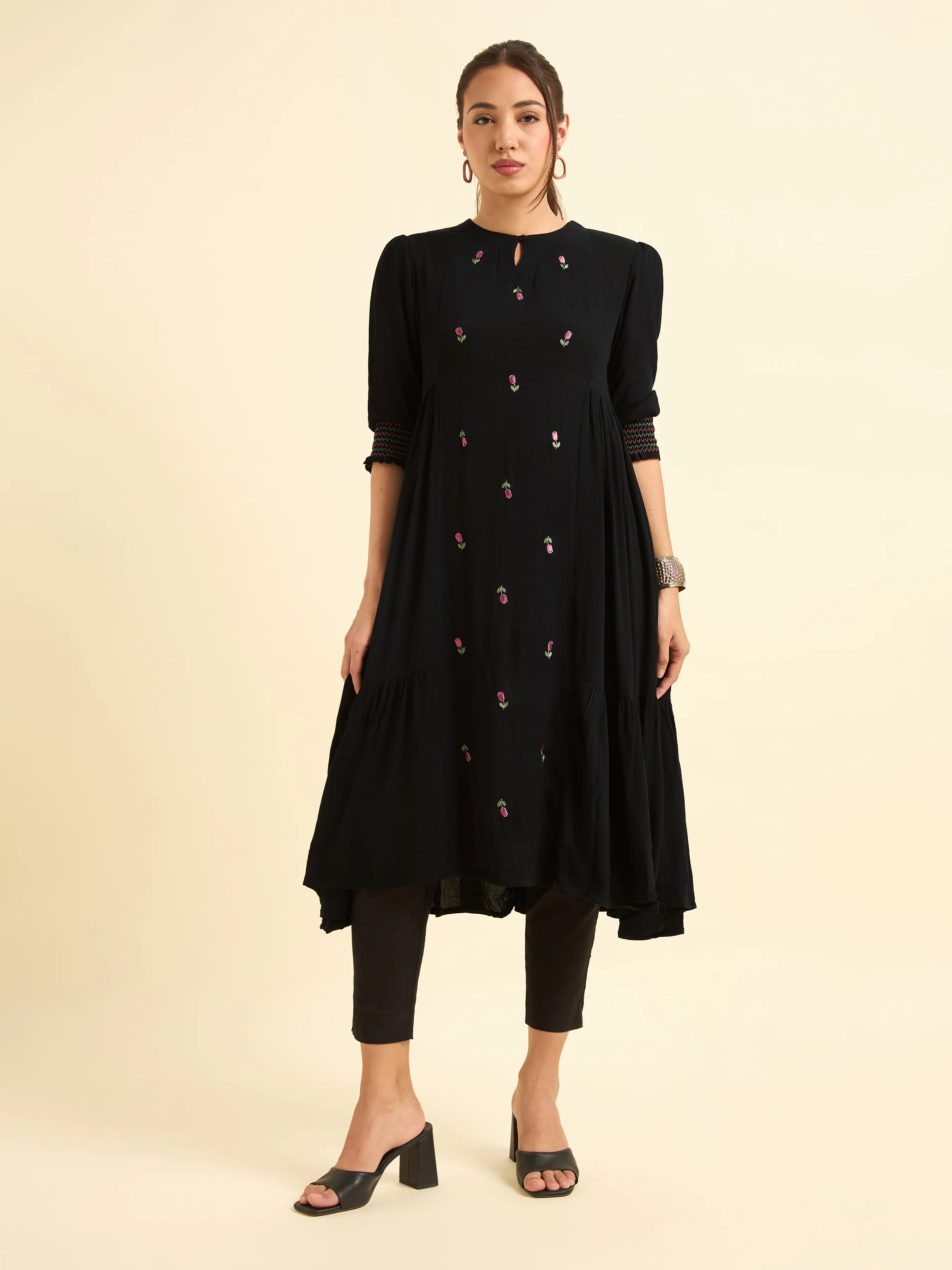 Black Wrinkle Viscose Flared Plain Kurti With Embroidery - Image 4