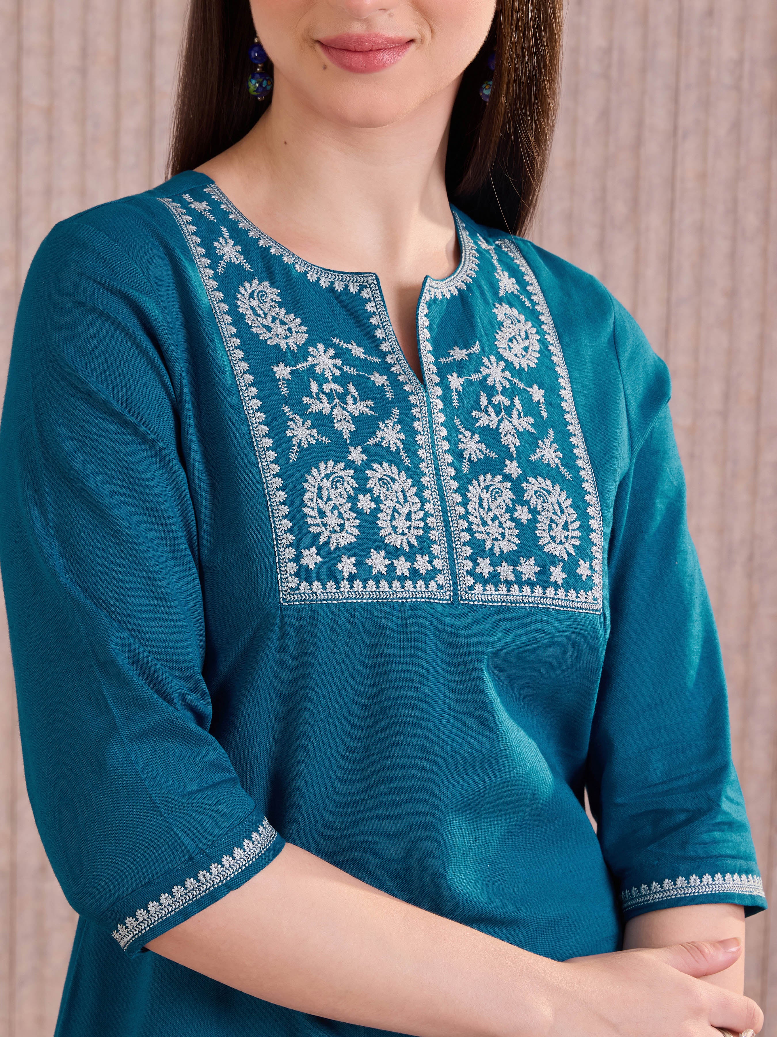 Blue Cotton Flax Kurti With Embroidery - Image 2