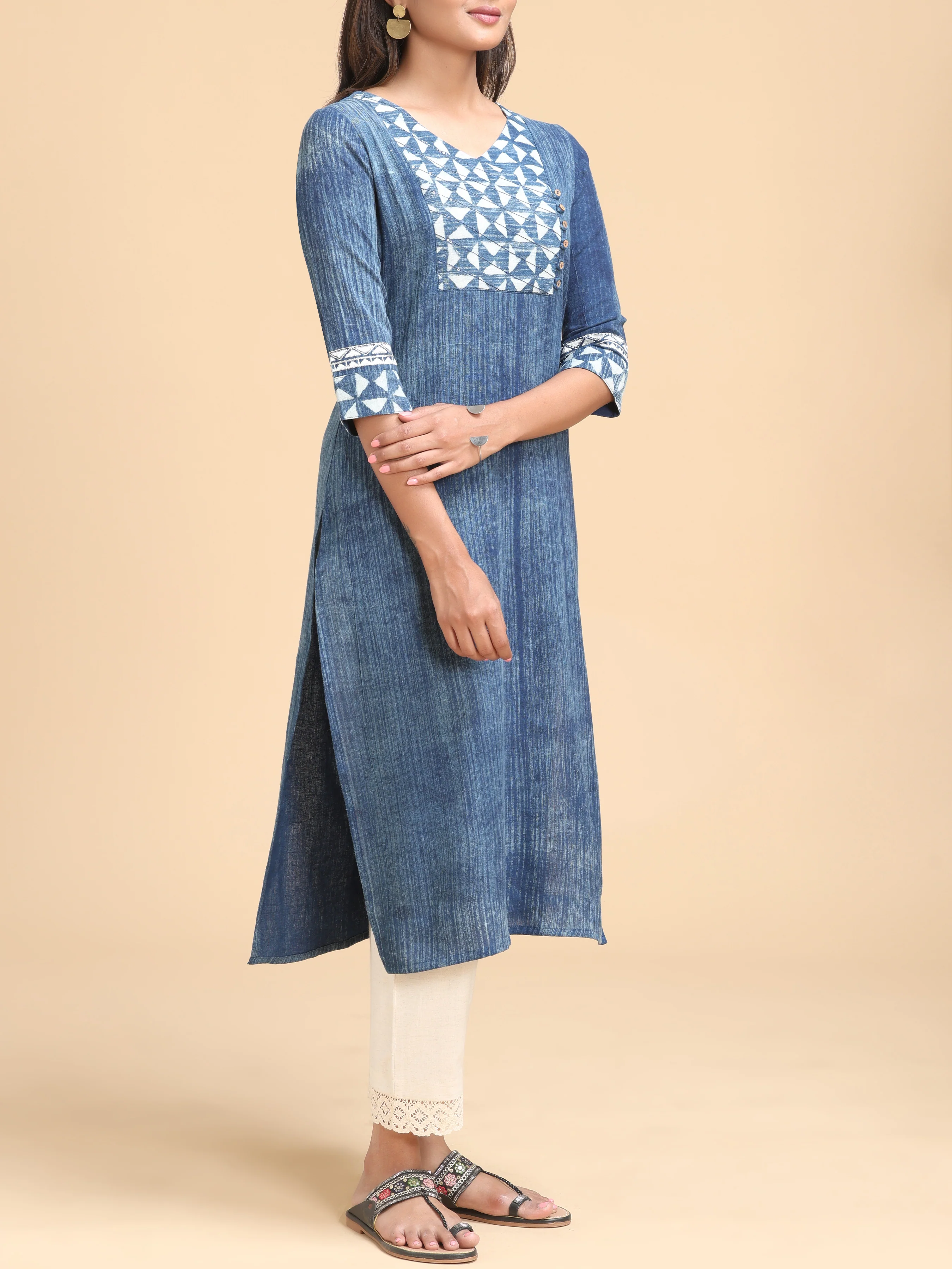 Blue Cotton Flax Kurti With Sequins Work - Image 3
