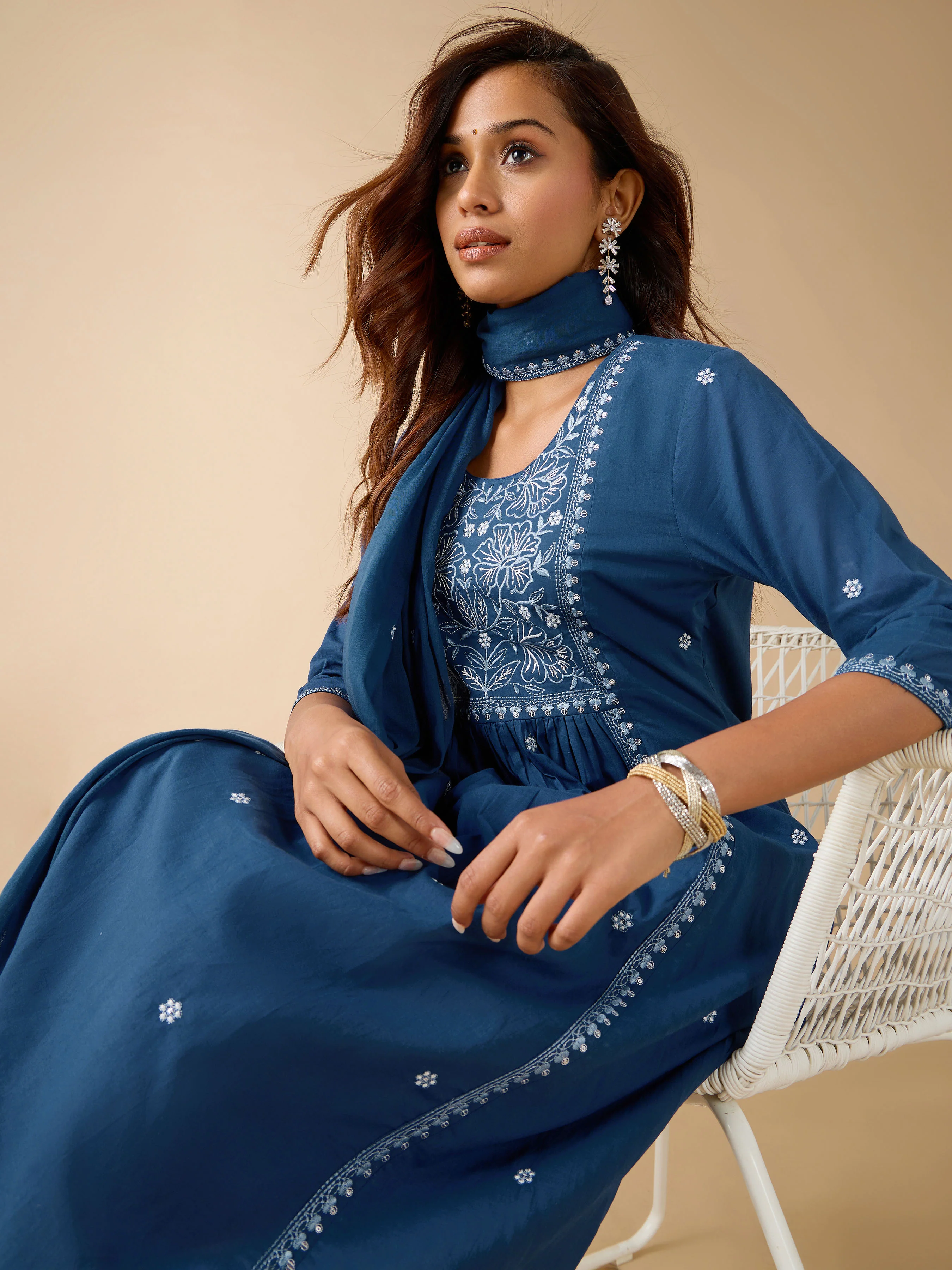 Royal Blue Pure Cotton Kurti Set & Dupatta With Embroidery - Image 3