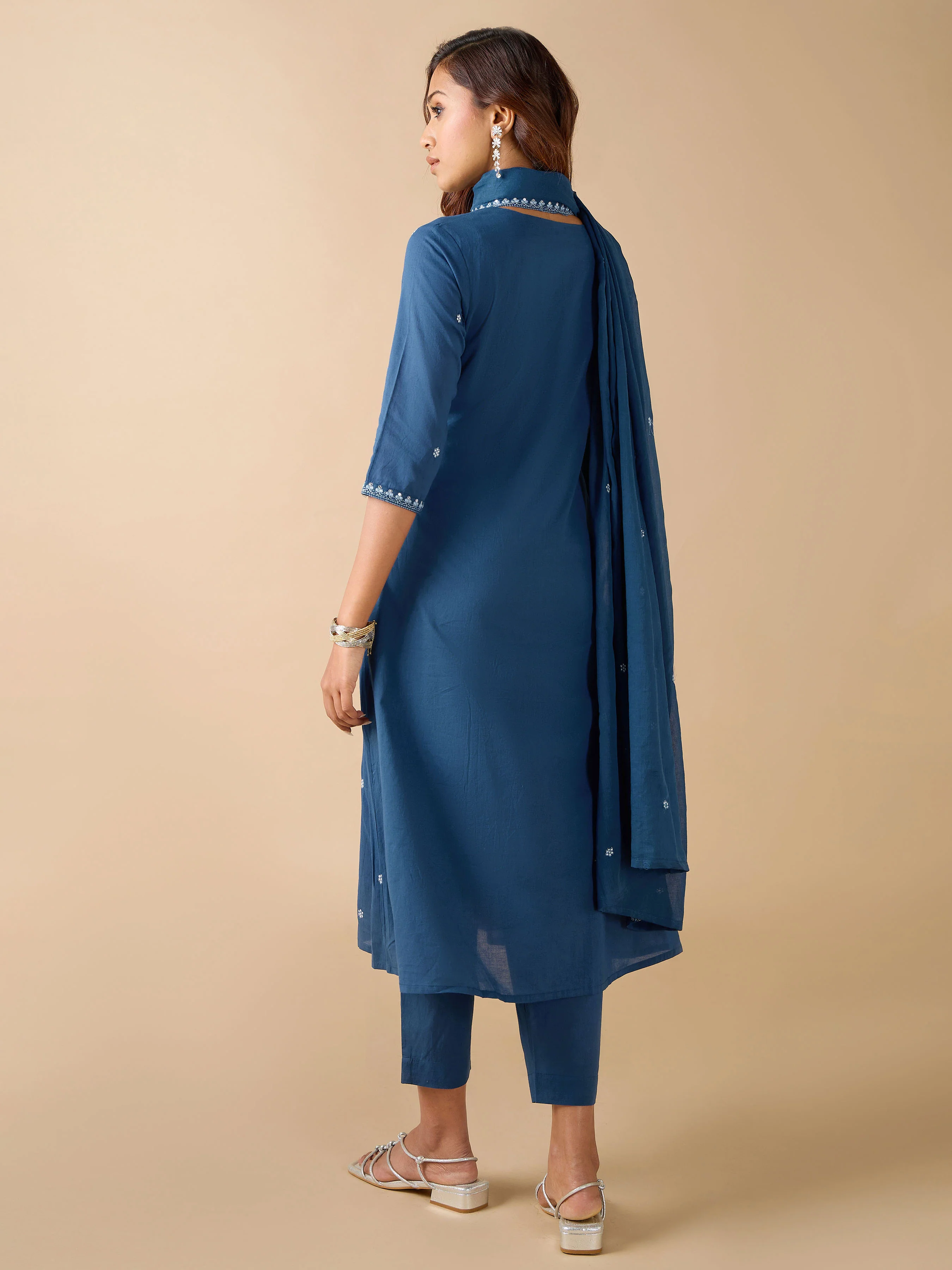 Royal Blue Pure Cotton Kurti Set & Dupatta With Embroidery - Image 4