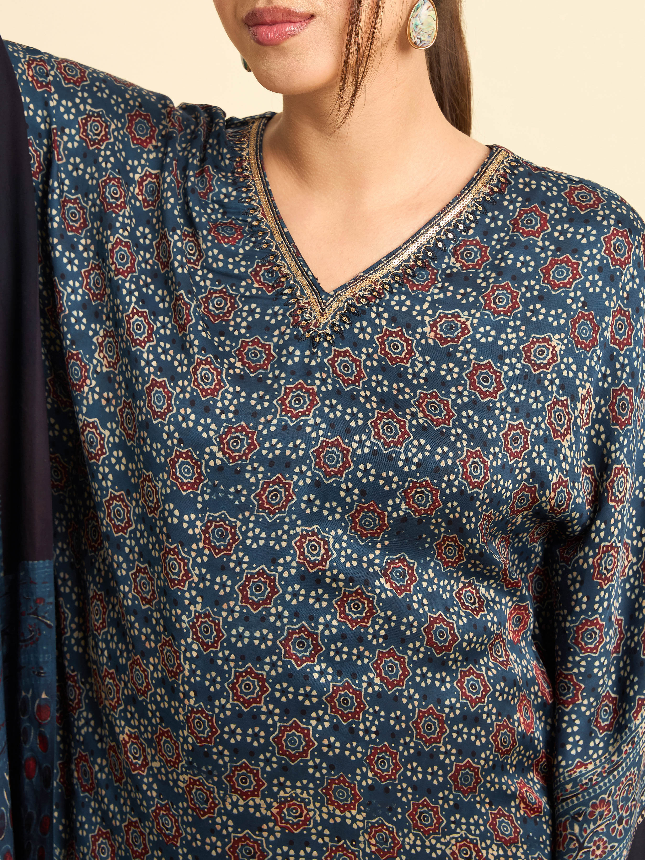 Navy Blue Multi Colour Modal Satin Kaftan With Sequins Embroidery - Image 2