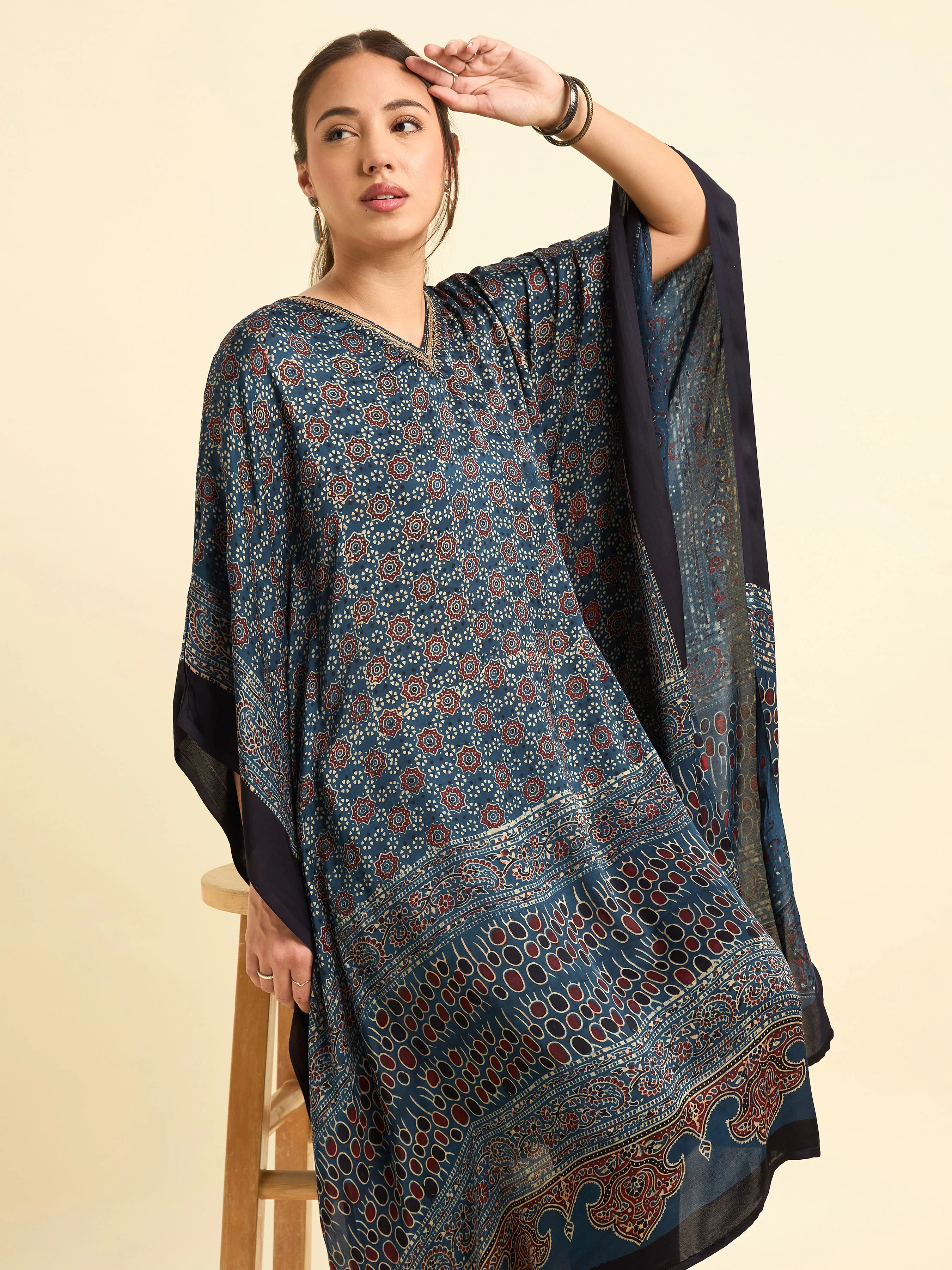 Navy Blue Multi Colour Modal Satin Kaftan With Sequins Embroidery - Image 3