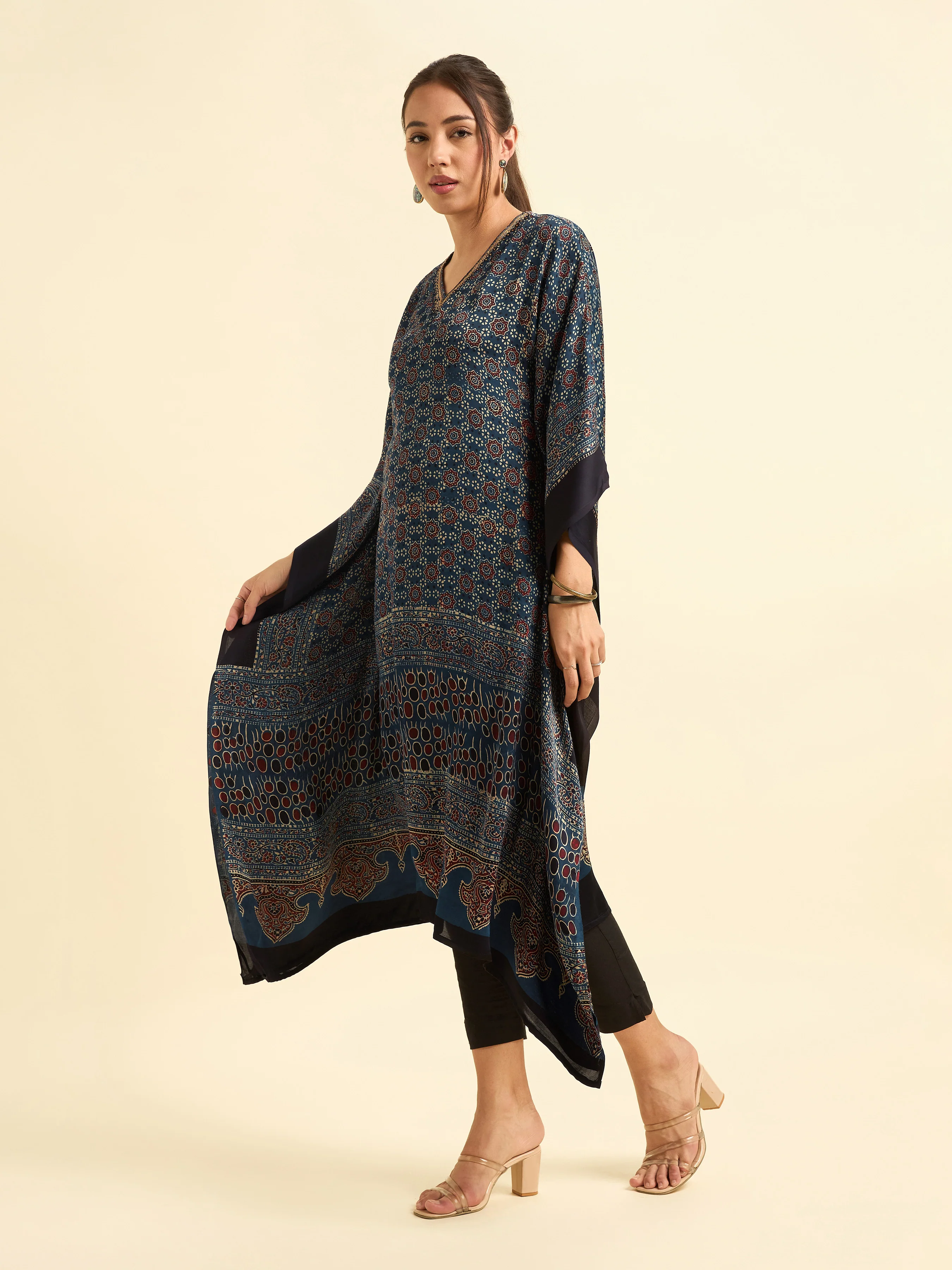 Navy Blue Multi Colour Modal Satin Kaftan With Sequins Embroidery - Image 4