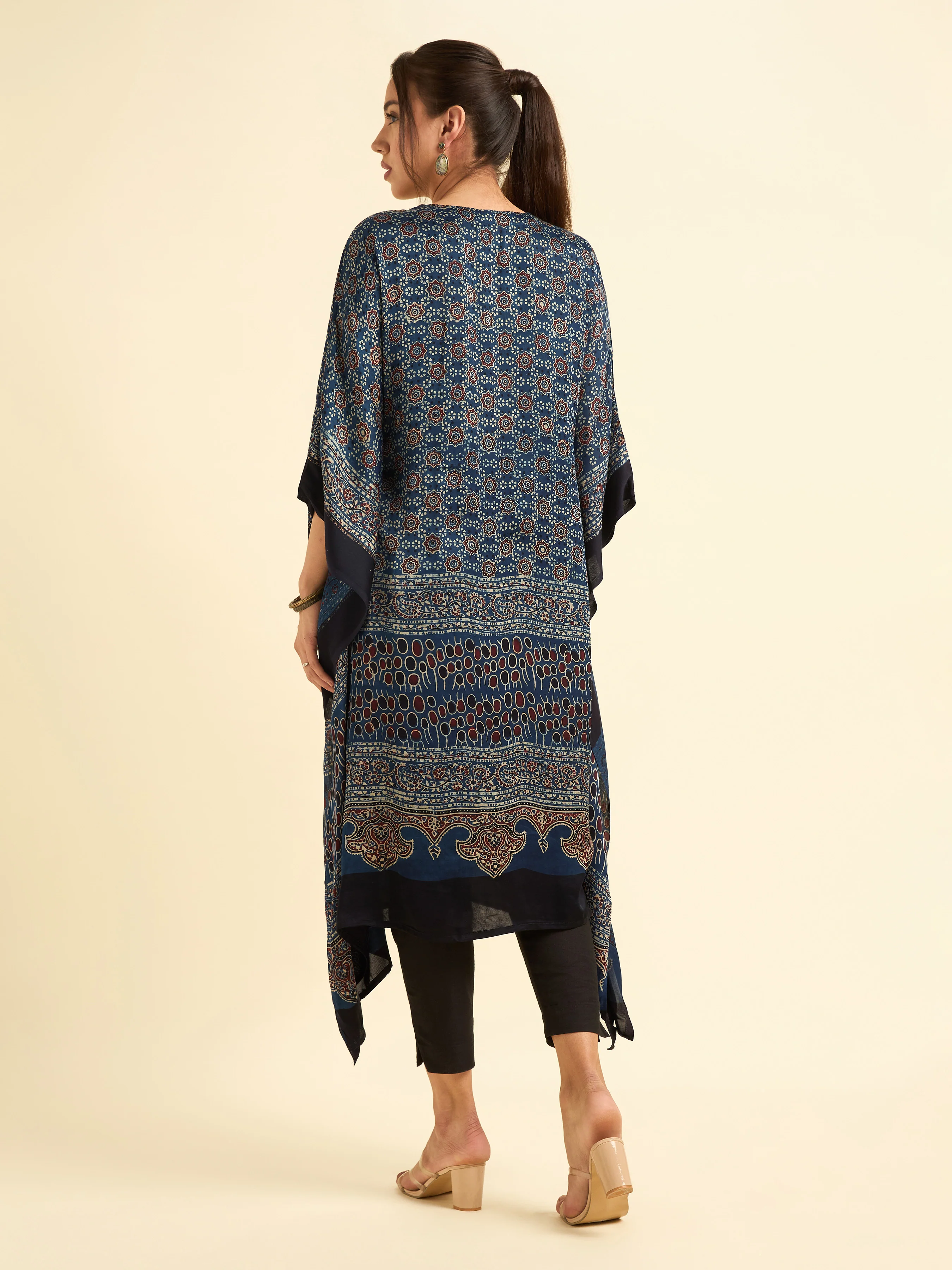 Navy Blue Multi Colour Modal Satin Kaftan With Sequins Embroidery - Image 5