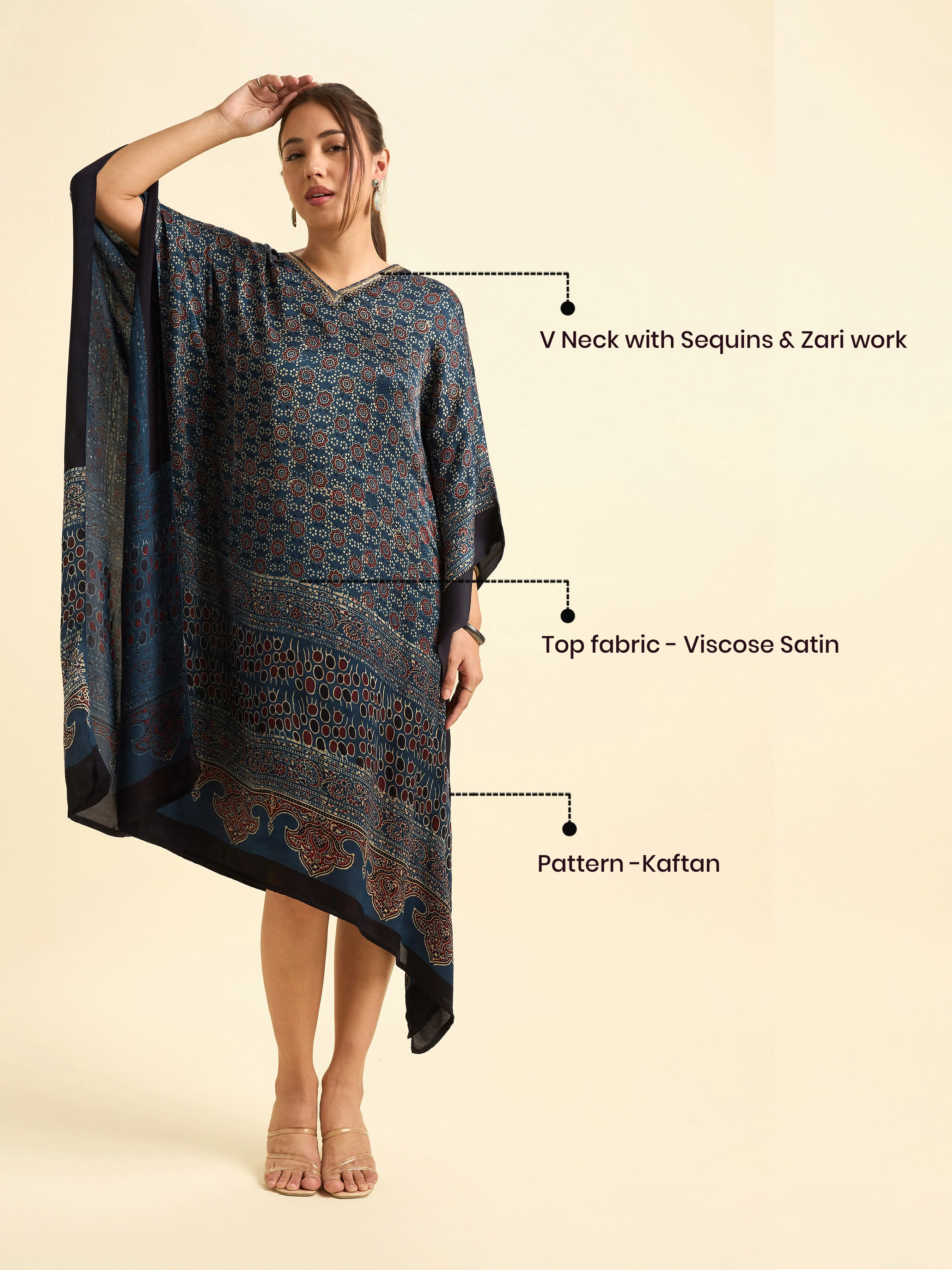 Navy Blue Multi Colour Modal Satin Kaftan With Sequins Embroidery - Image 6