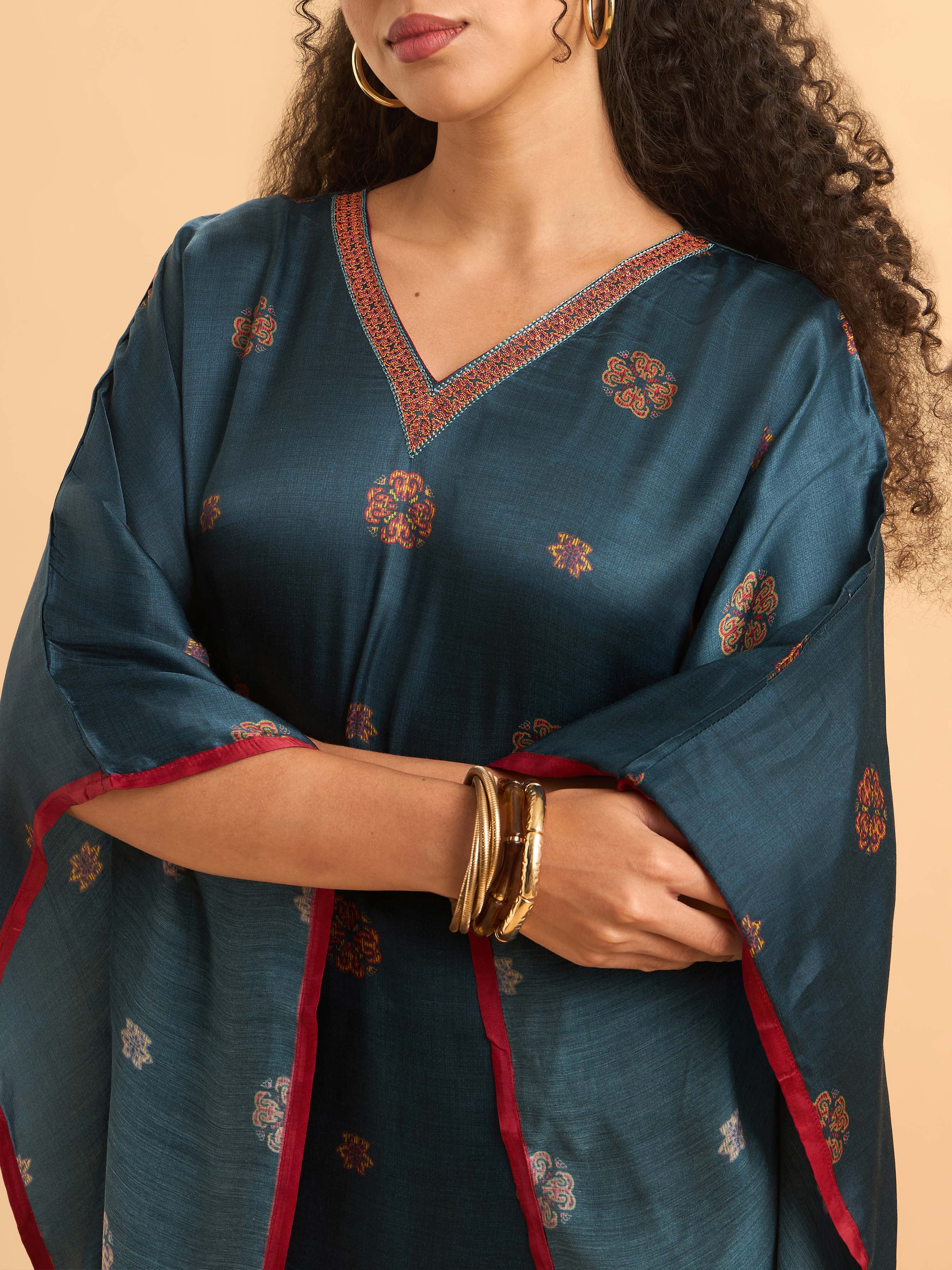 Blue Multi Colour Modal Satin Printed Kaftan With Sequins Embroidery - Image 2