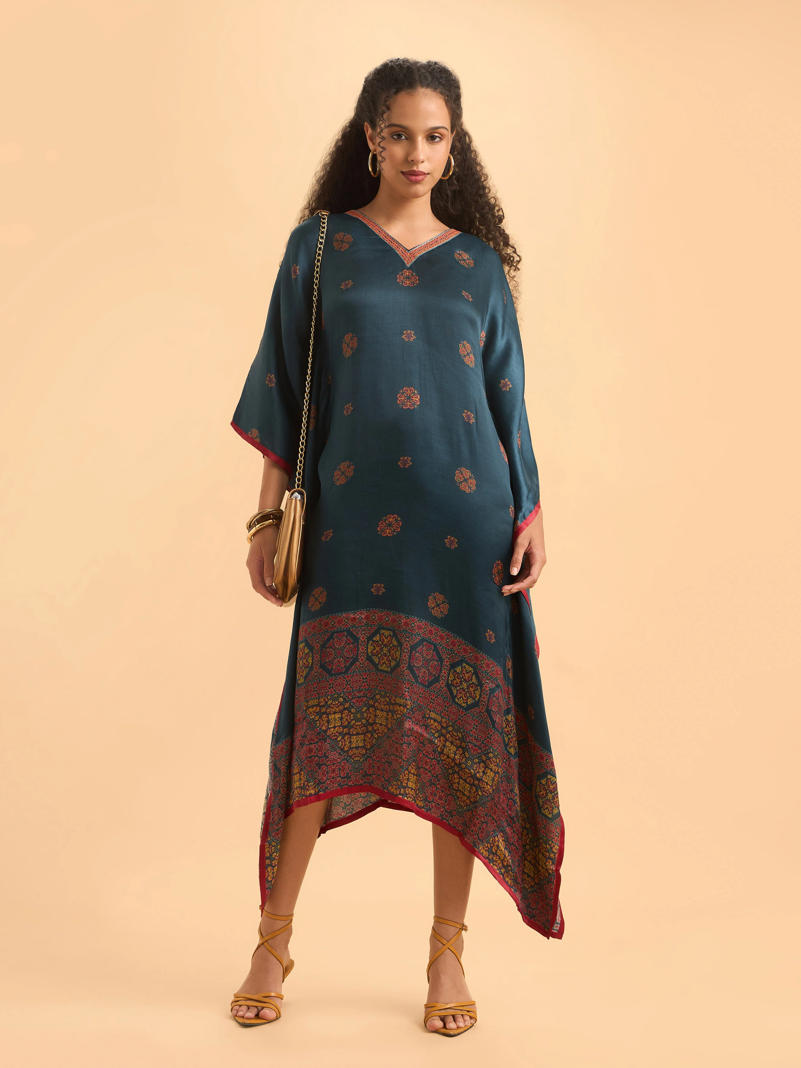 Blue Multi Colour Modal Satin Printed Kaftan With Sequins Embroidery - Image 3