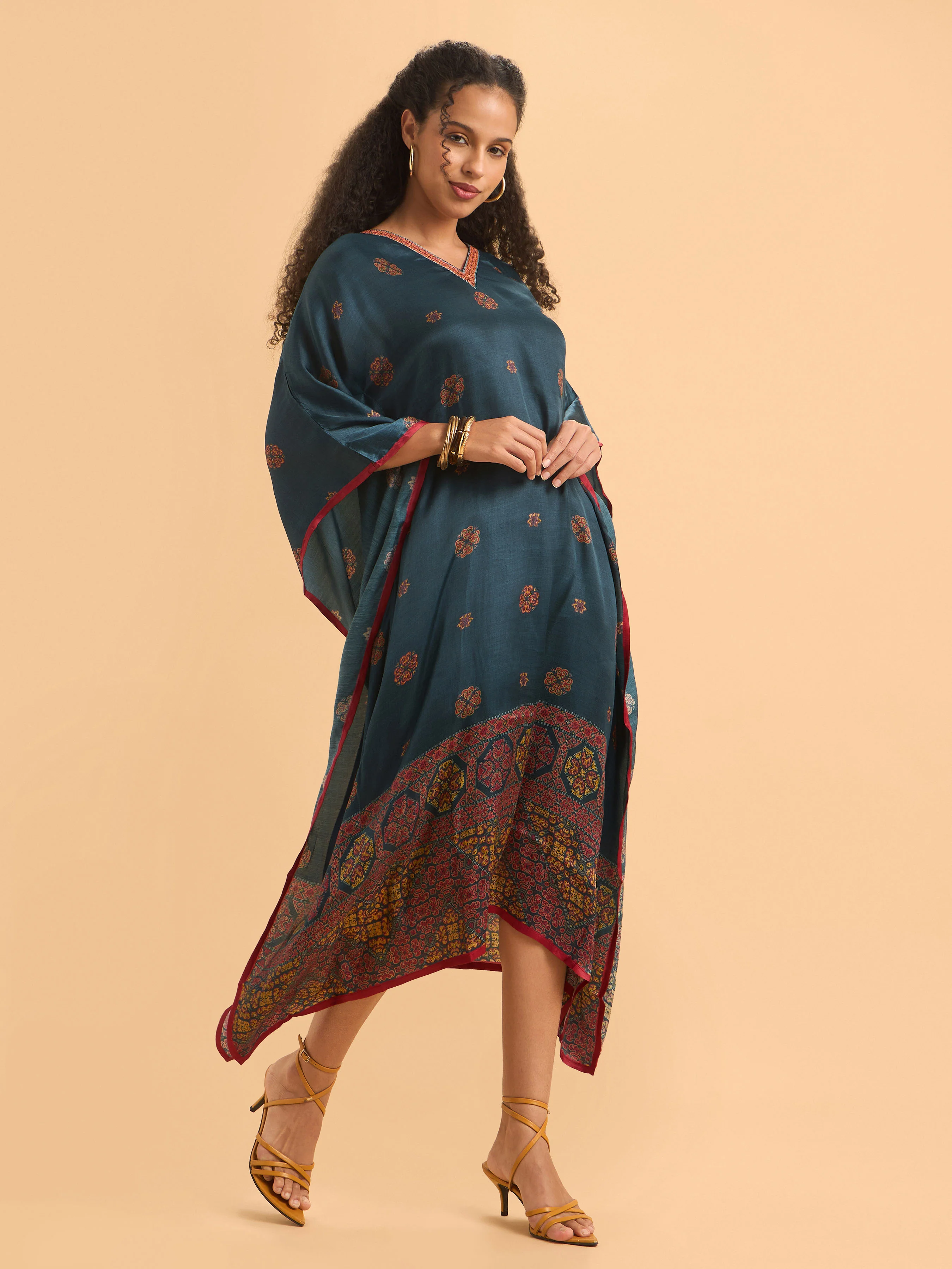 Blue Multi Colour Modal Satin Printed Kaftan With Sequins Embroidery - Image 4