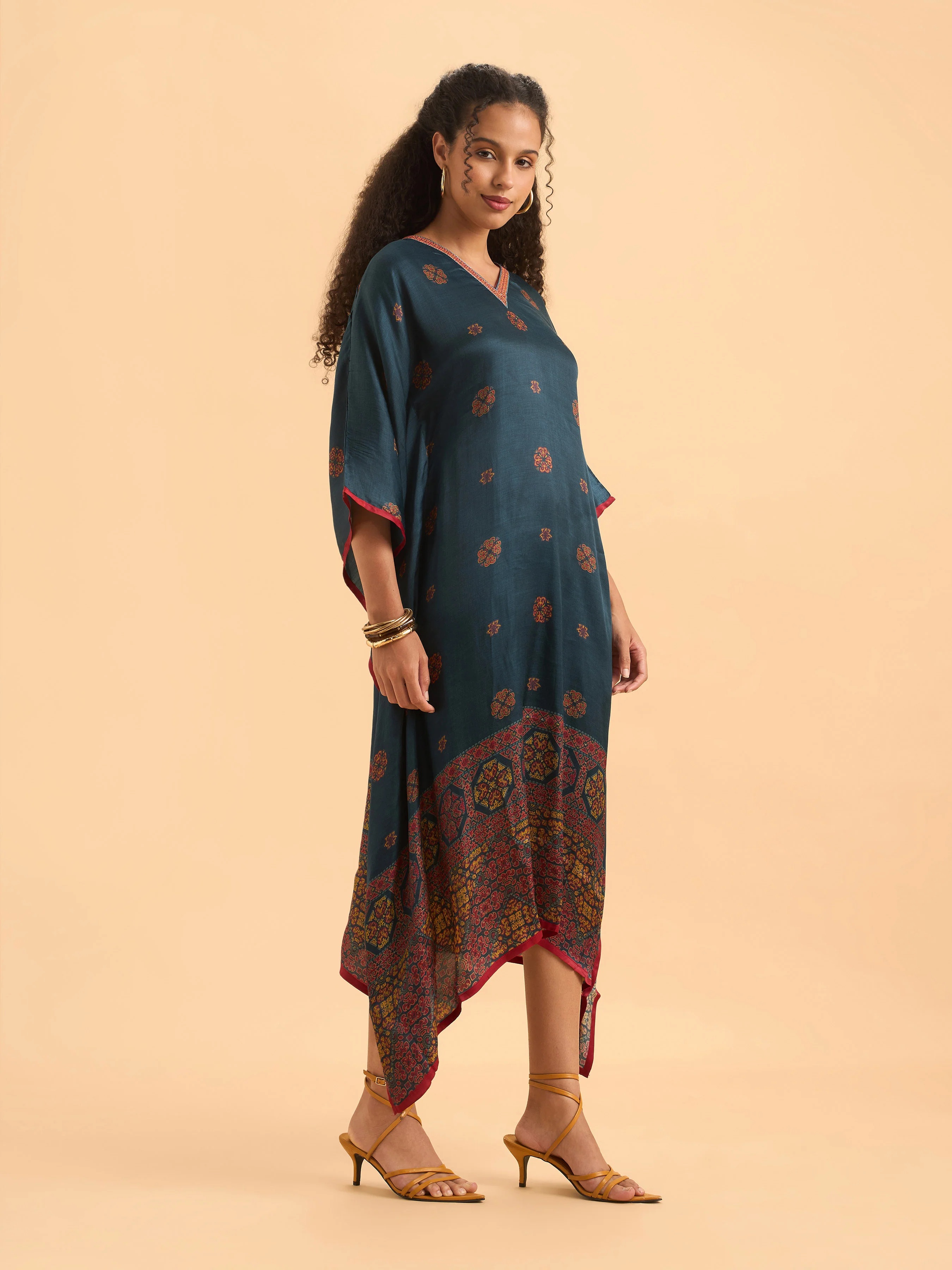 Blue Multi Colour Modal Satin Printed Kaftan With Sequins Embroidery - Image 5