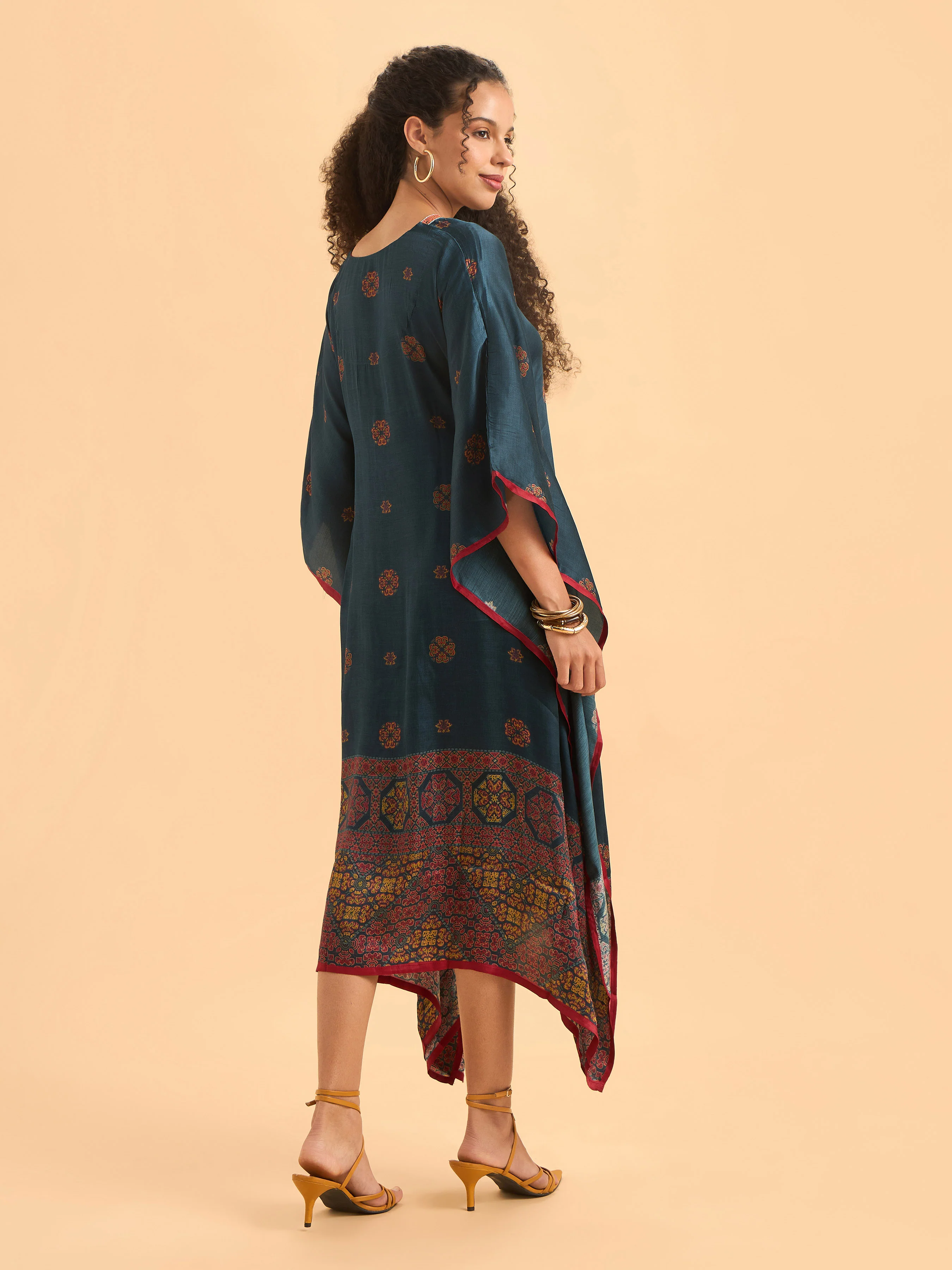 Blue Multi Colour Modal Satin Printed Kaftan With Sequins Embroidery - Image 6