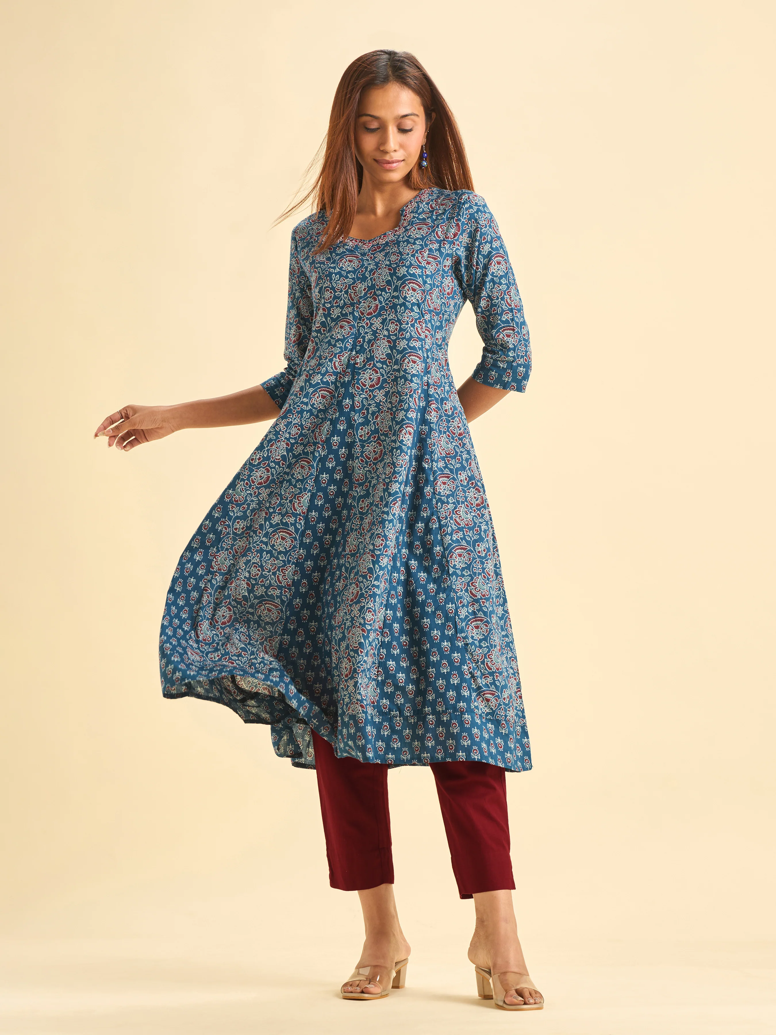 Blue Pure Cotton Printed Flared Kalicut Kurti With Embroidery And Sequins - Image 4