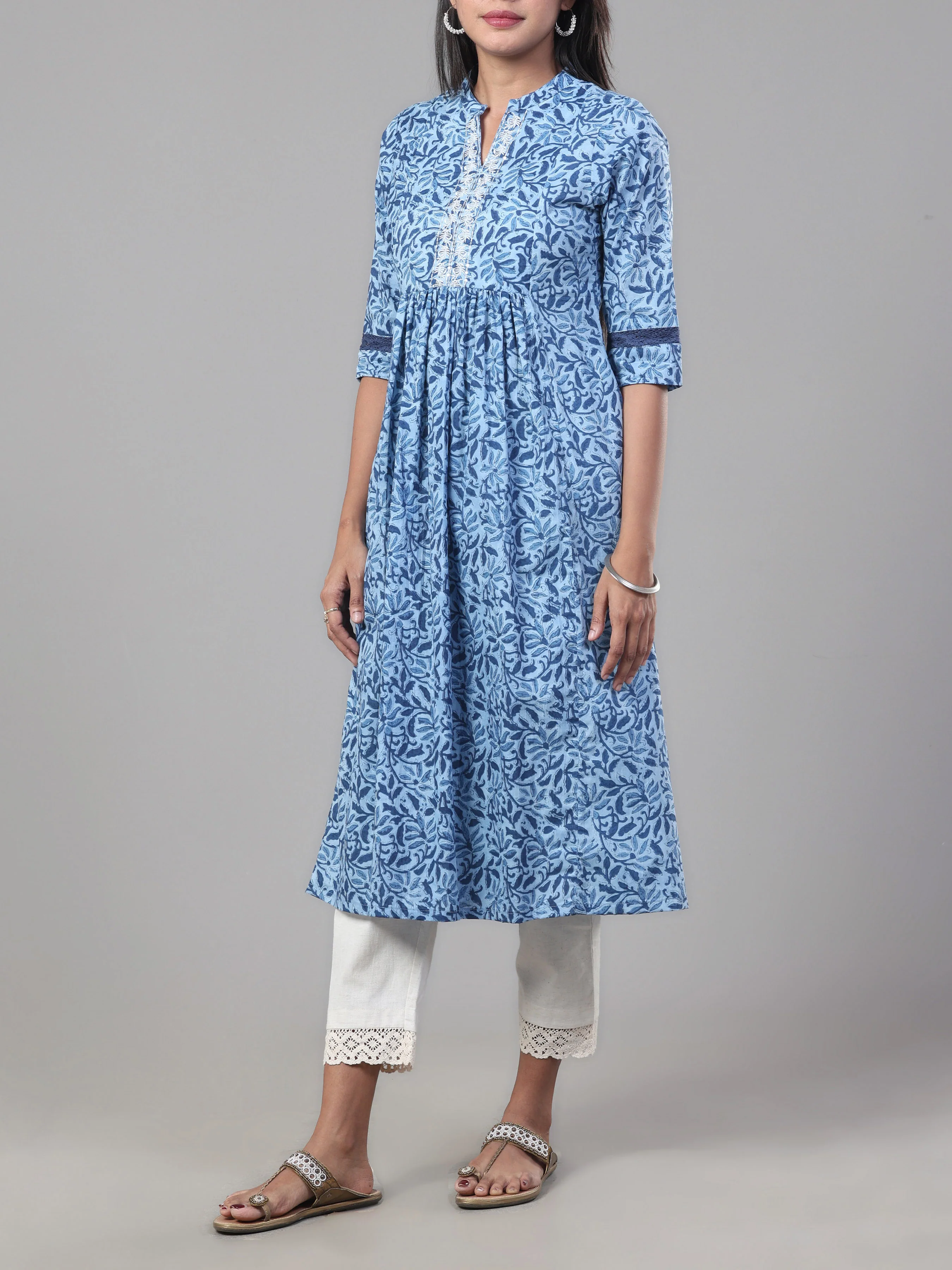 Blue Pure Cotton Printed Kurti With Sequins Work - Image 3