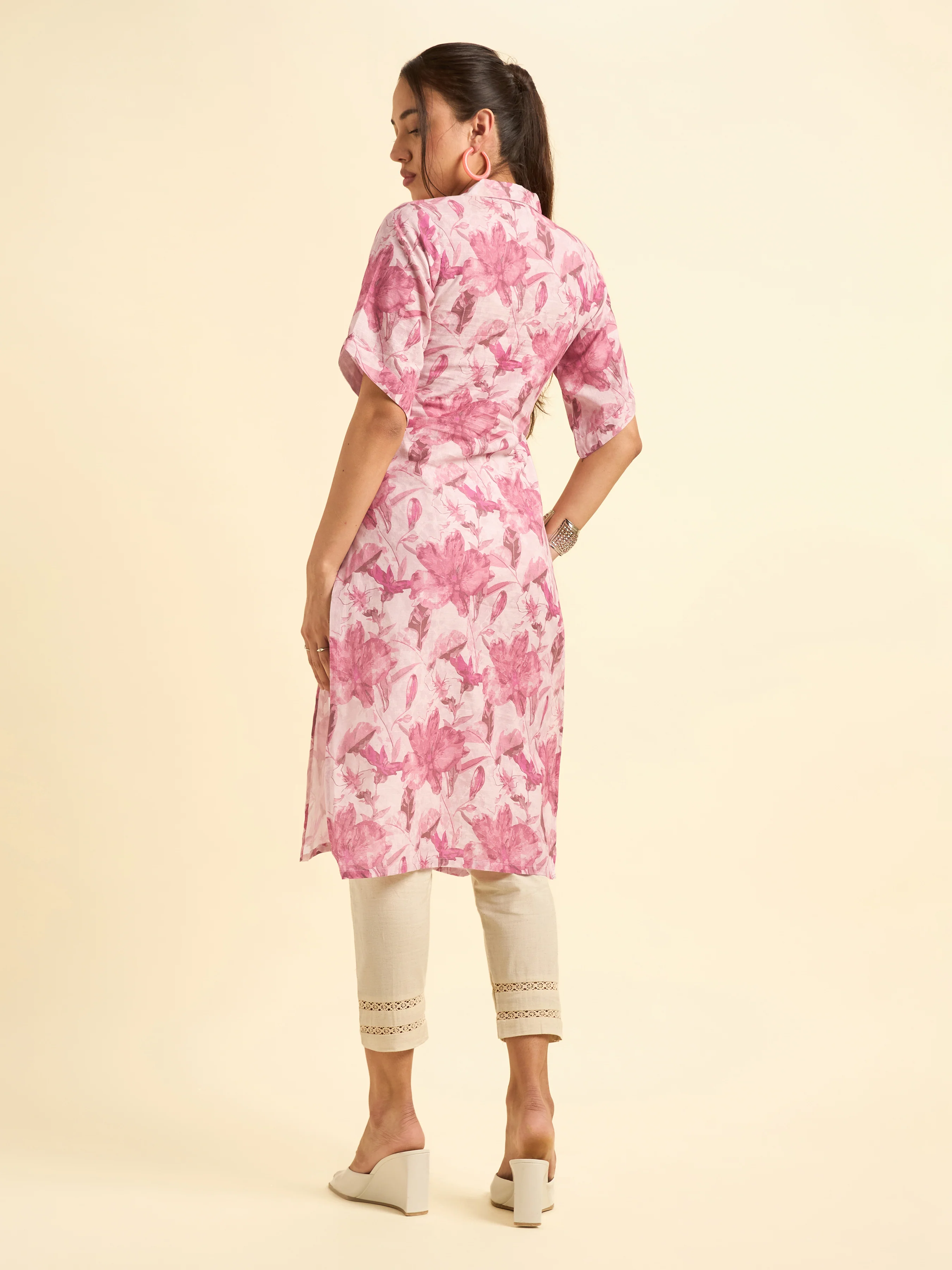 Blush Pink Cotton Slub Slitted Printed Kurti With Full Placket - Image 6