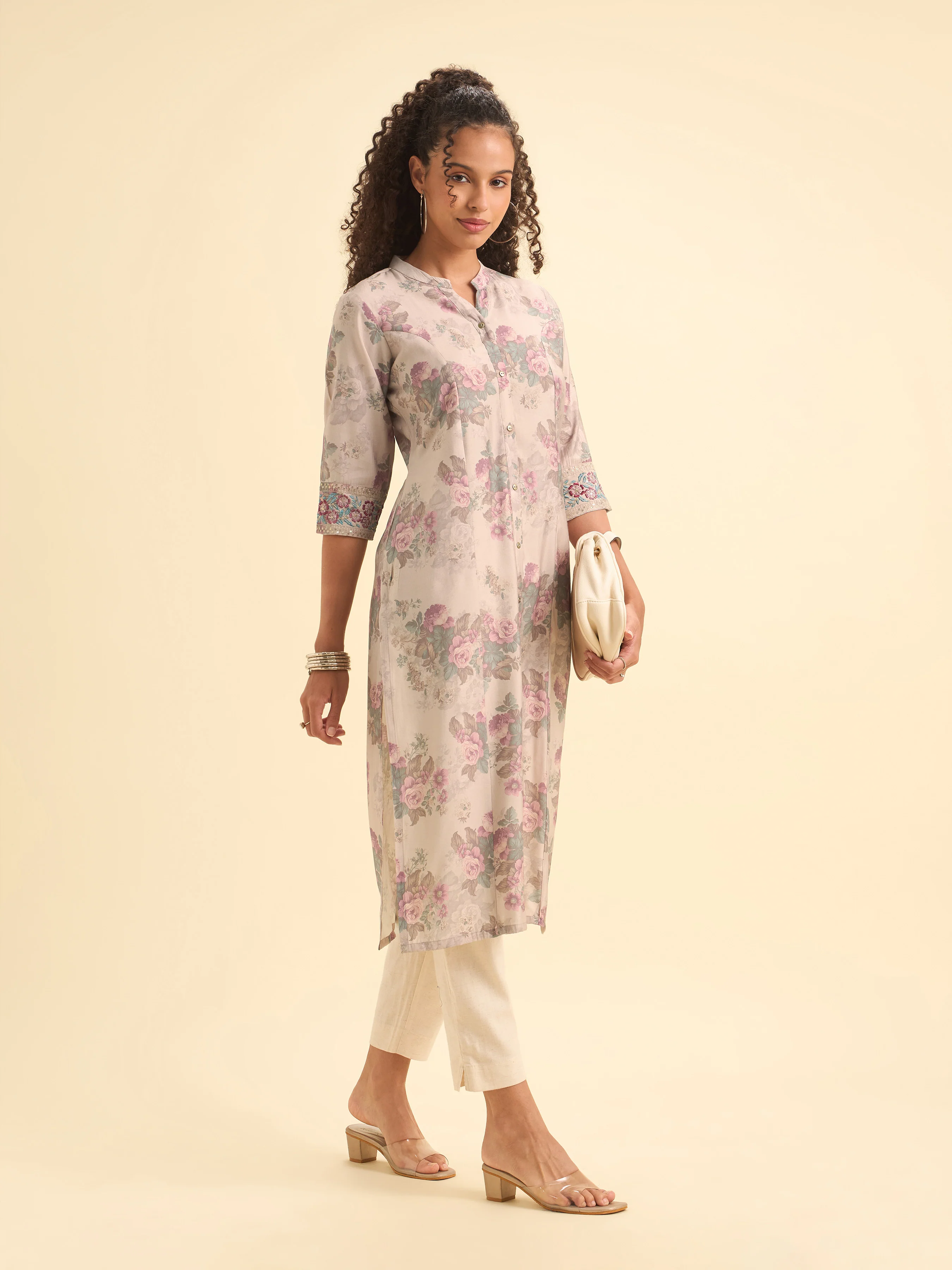 Blush Pink Multicolor Viscose Blend Printed Slit Princess-Cut Kurti With Embroidery And Sequin Work - Image 3