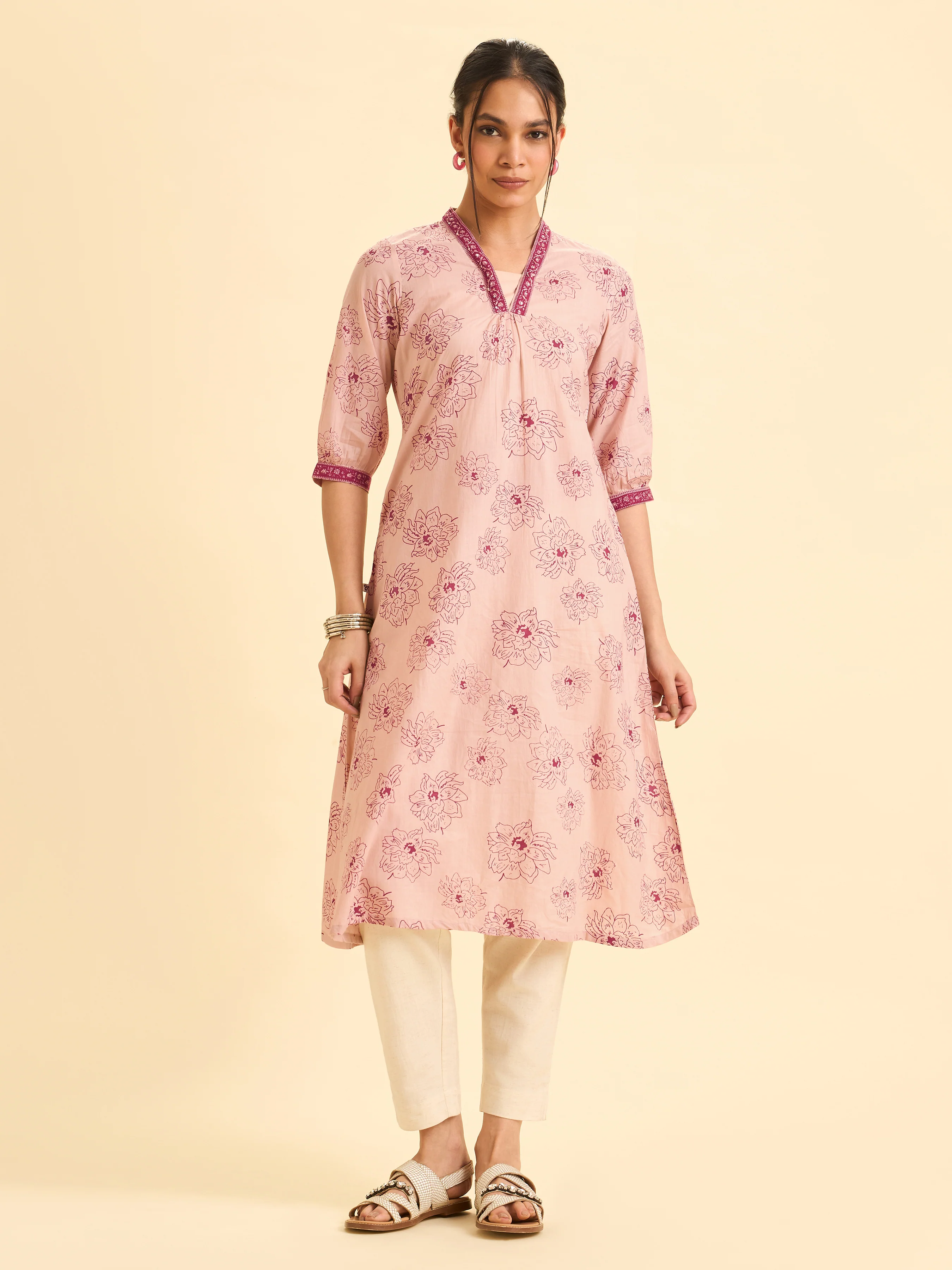 Blush Pink Pure Cotton Printe Kurti With Embroidery And Sequins Work - Image 3