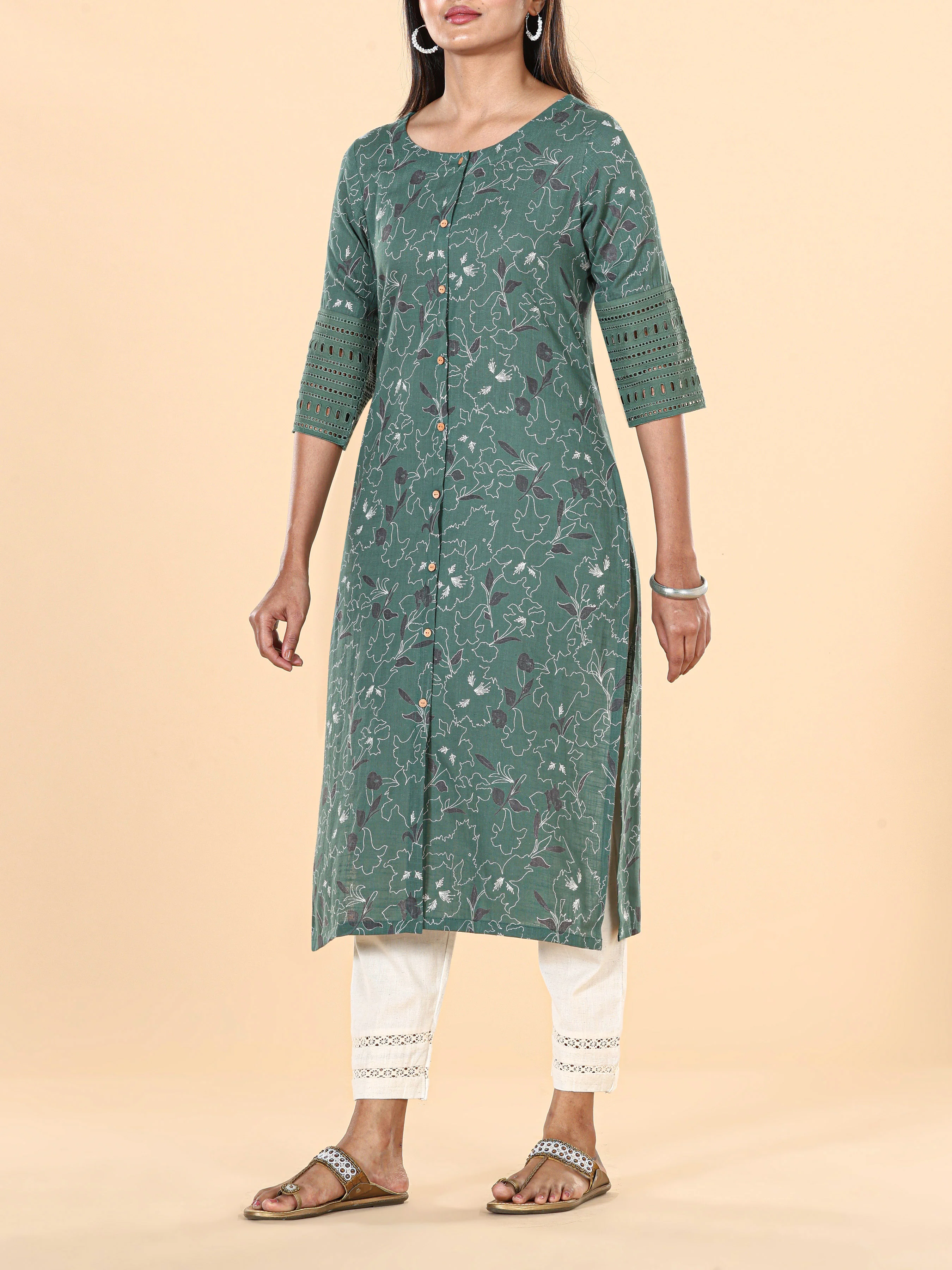 Bottle Green Cotton Slub Printed Kurti With Lace Detailing - Image 3