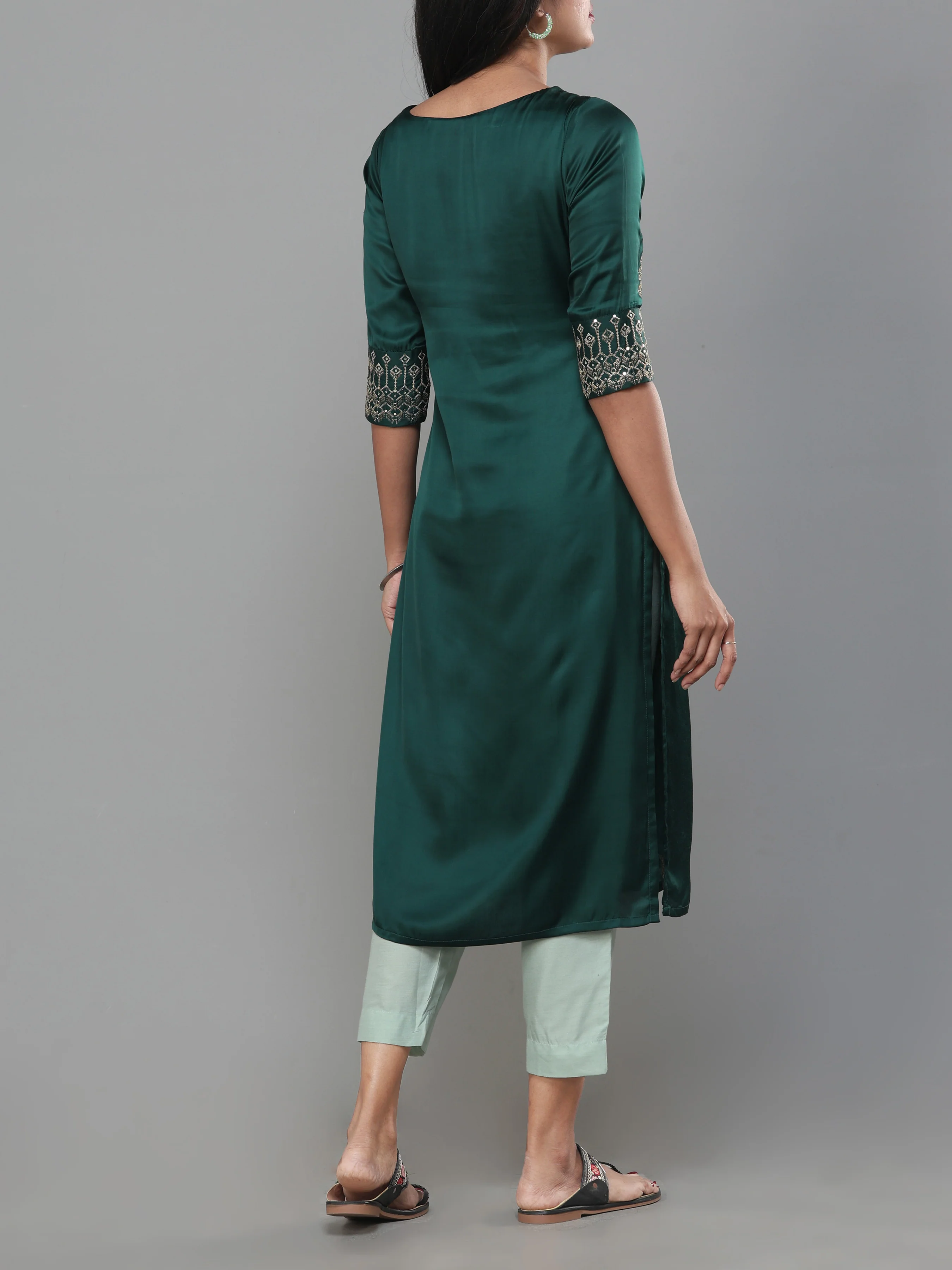 Bottle Green Satin Kurti With Matching Bottom - Image 5