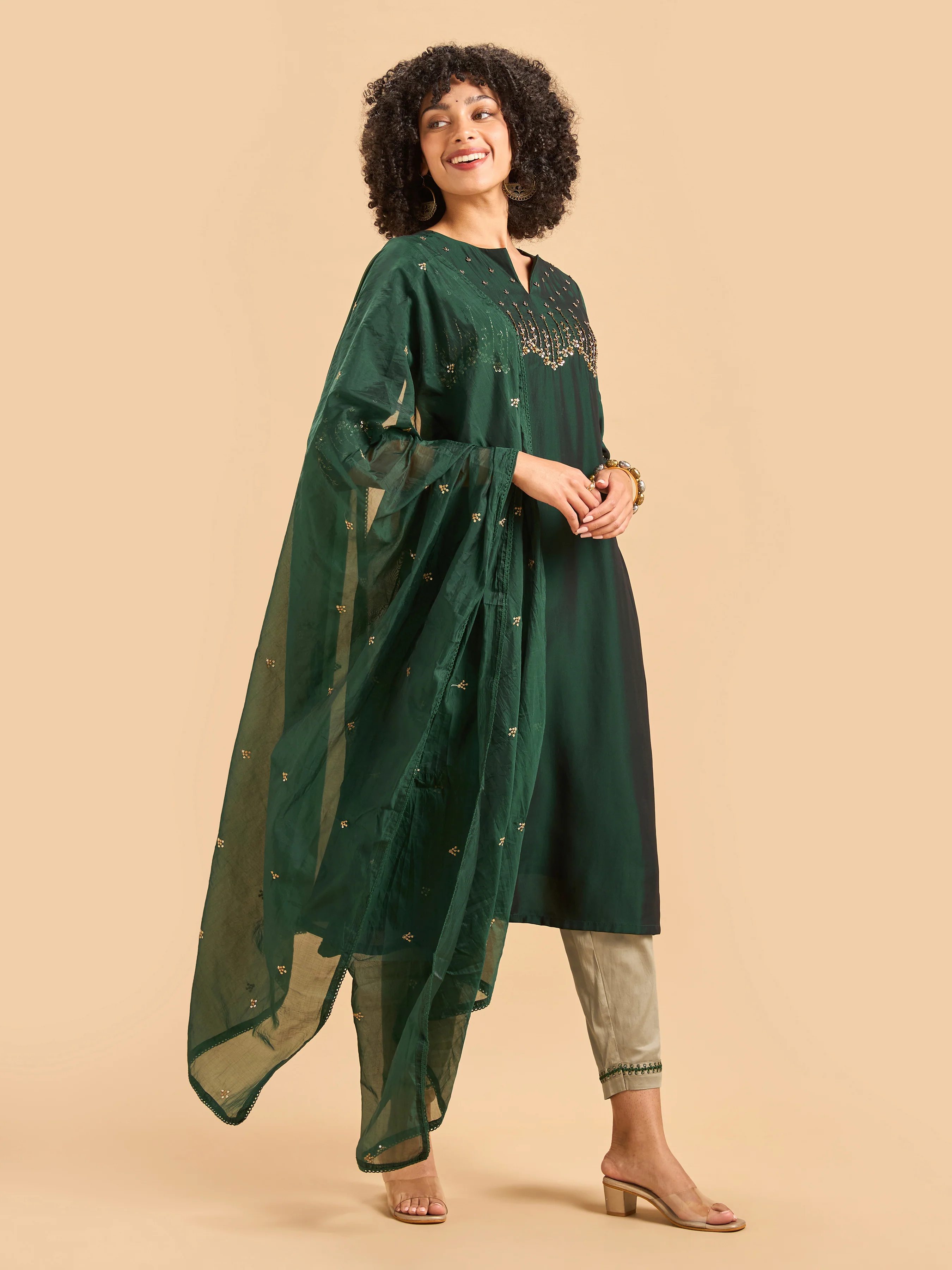 Bottle Green Viscose Slub Plain Kurti Set & Dupatta With Hand Work - Image 6