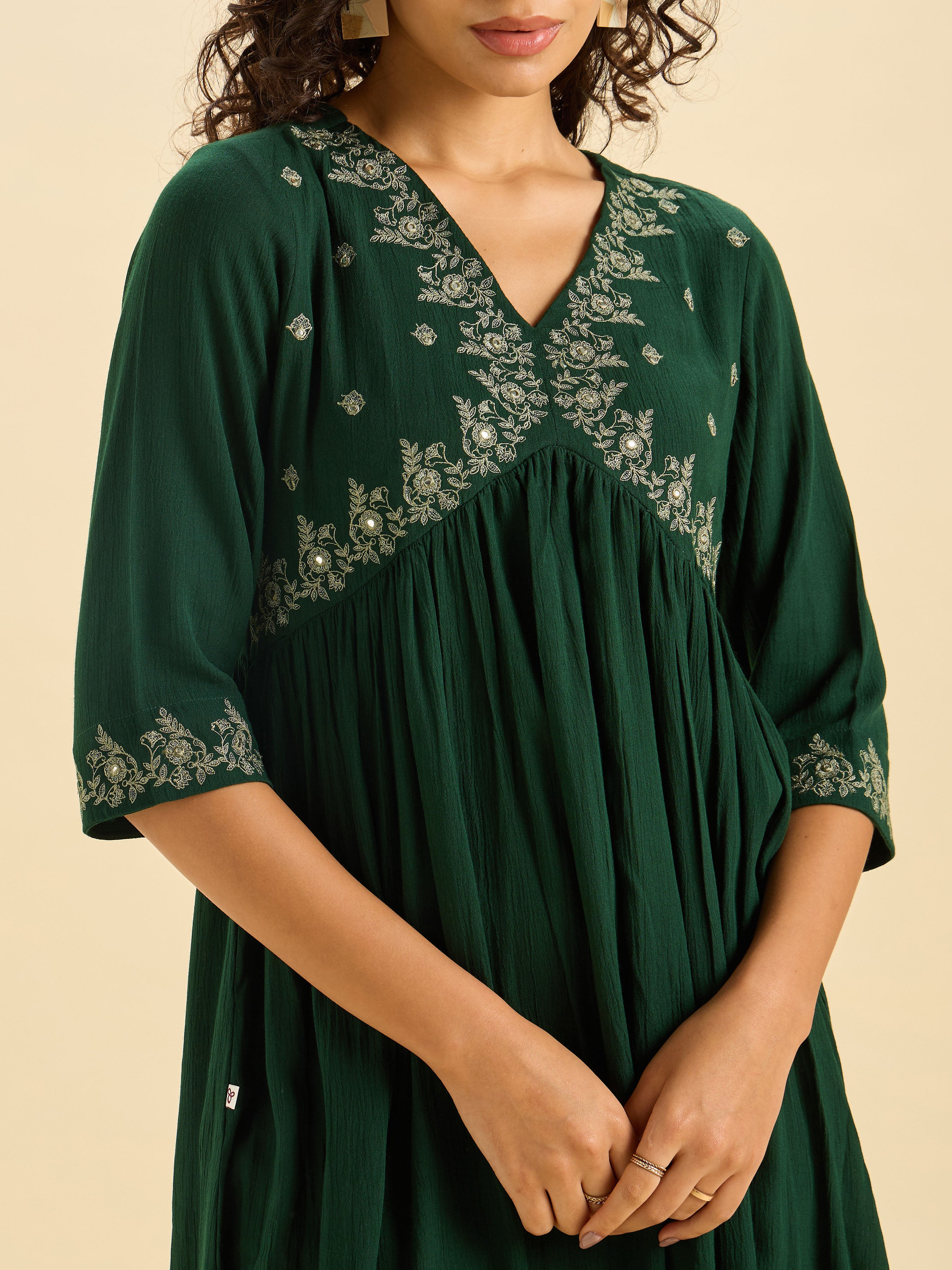 Bottle Green Wrinkle Viscose Plain Flared Kurti With Mirror Work Embroidery - Image 2