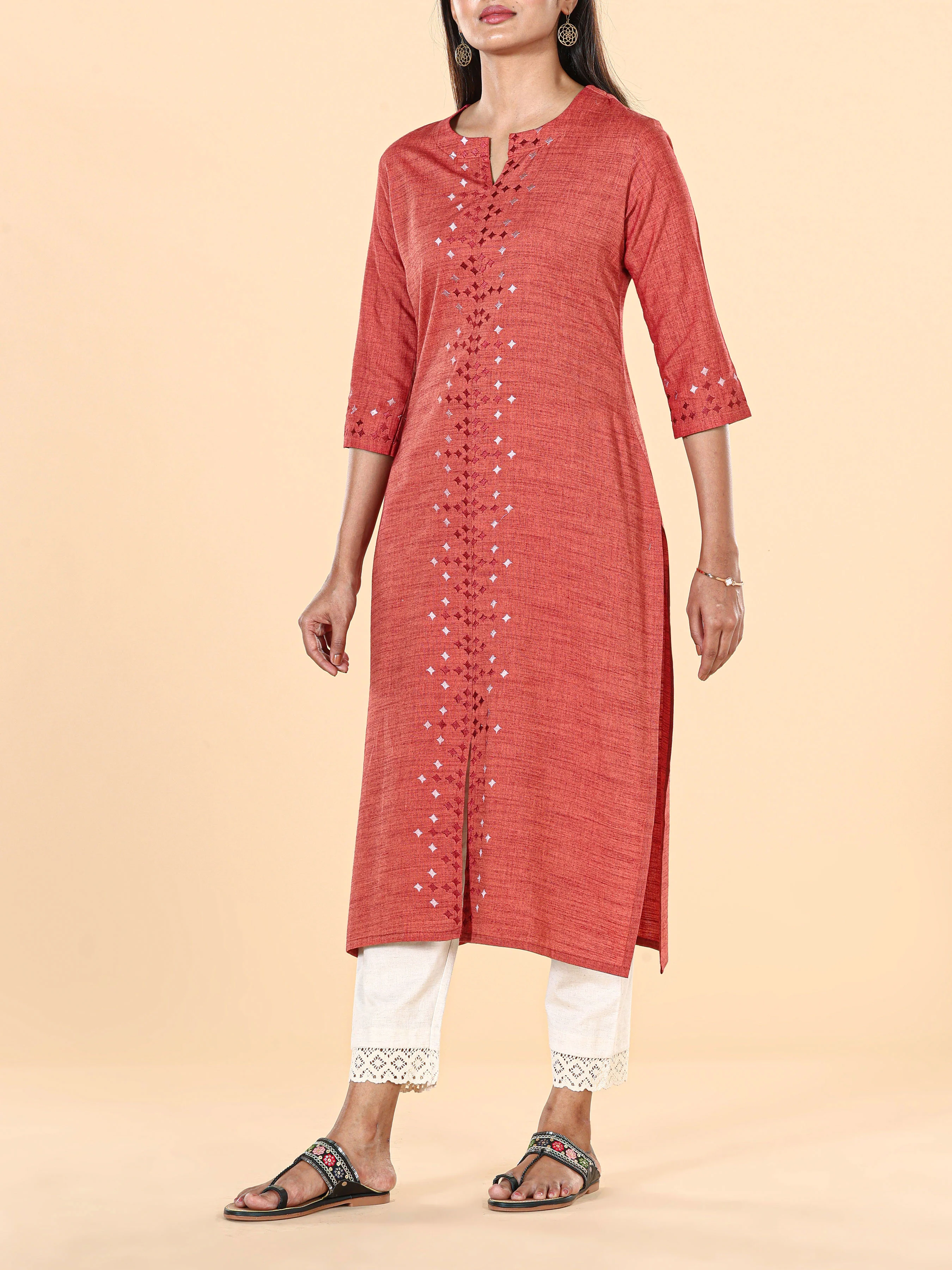 Brick Brown Viscose Kurti With Embroidery - Image 3