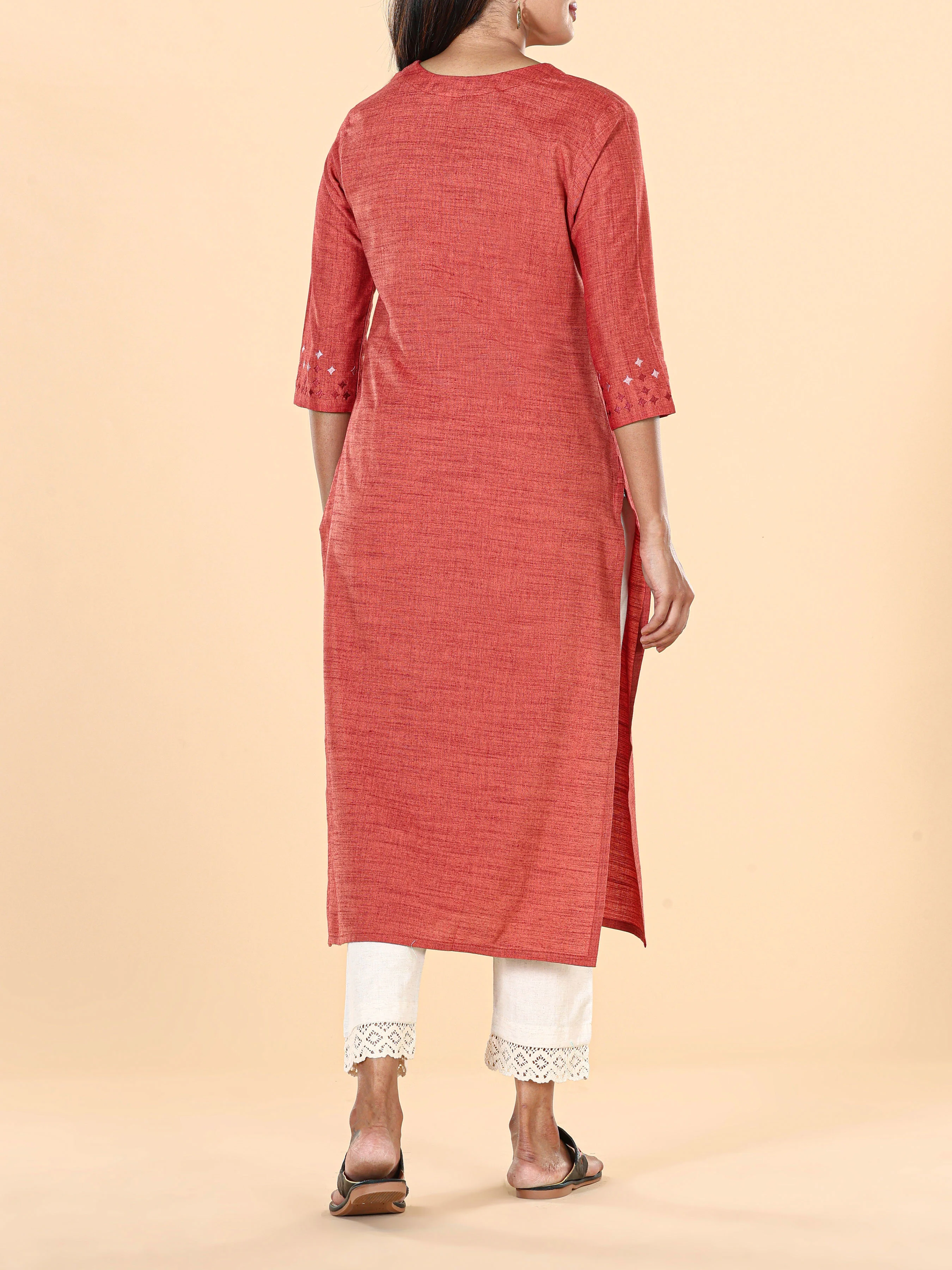 Brick Brown Viscose Kurti With Embroidery - Image 5
