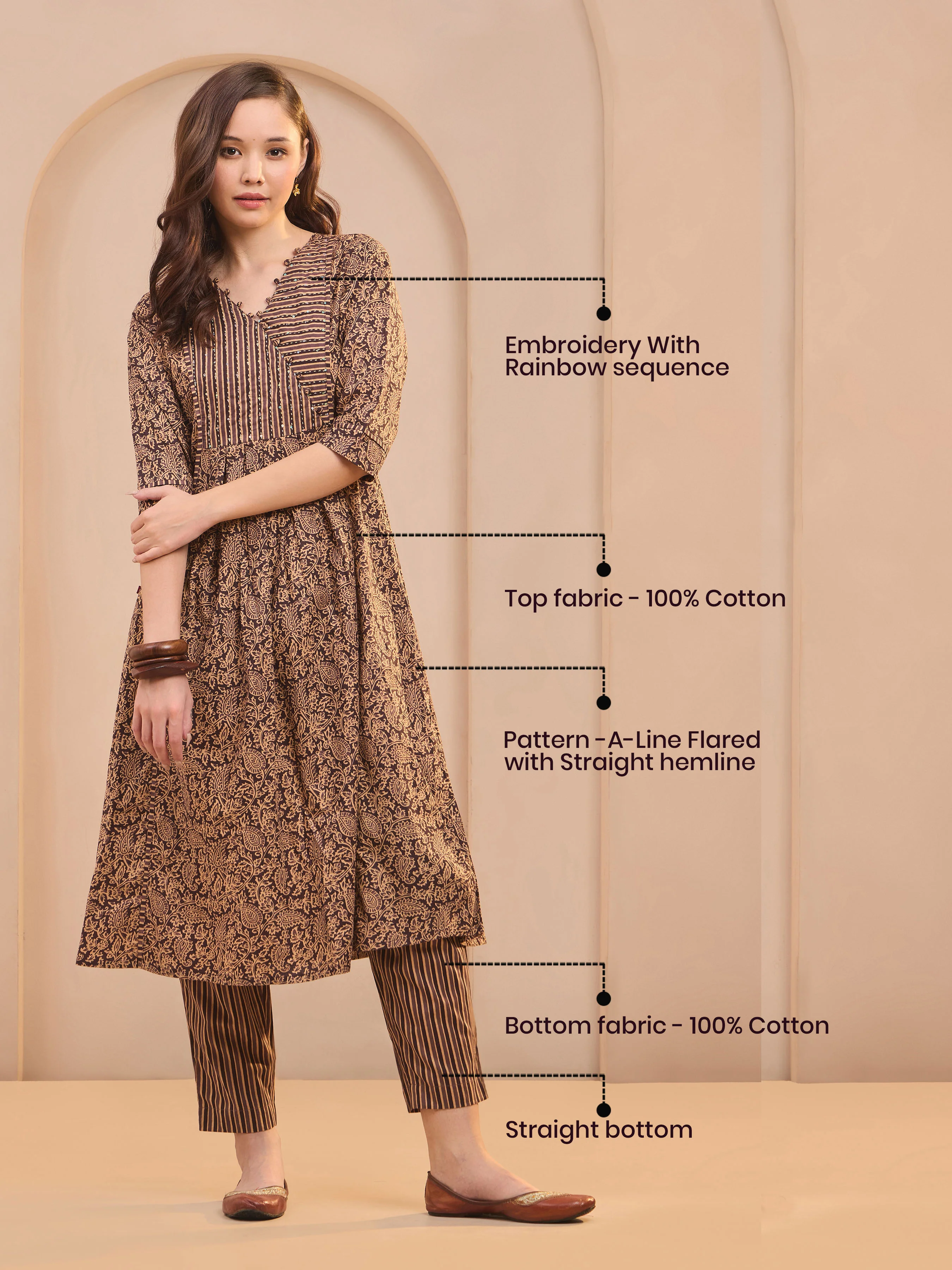 Brown Cotton Katha Printed Kurti & Bottom Set With Sequins Work - Image 6