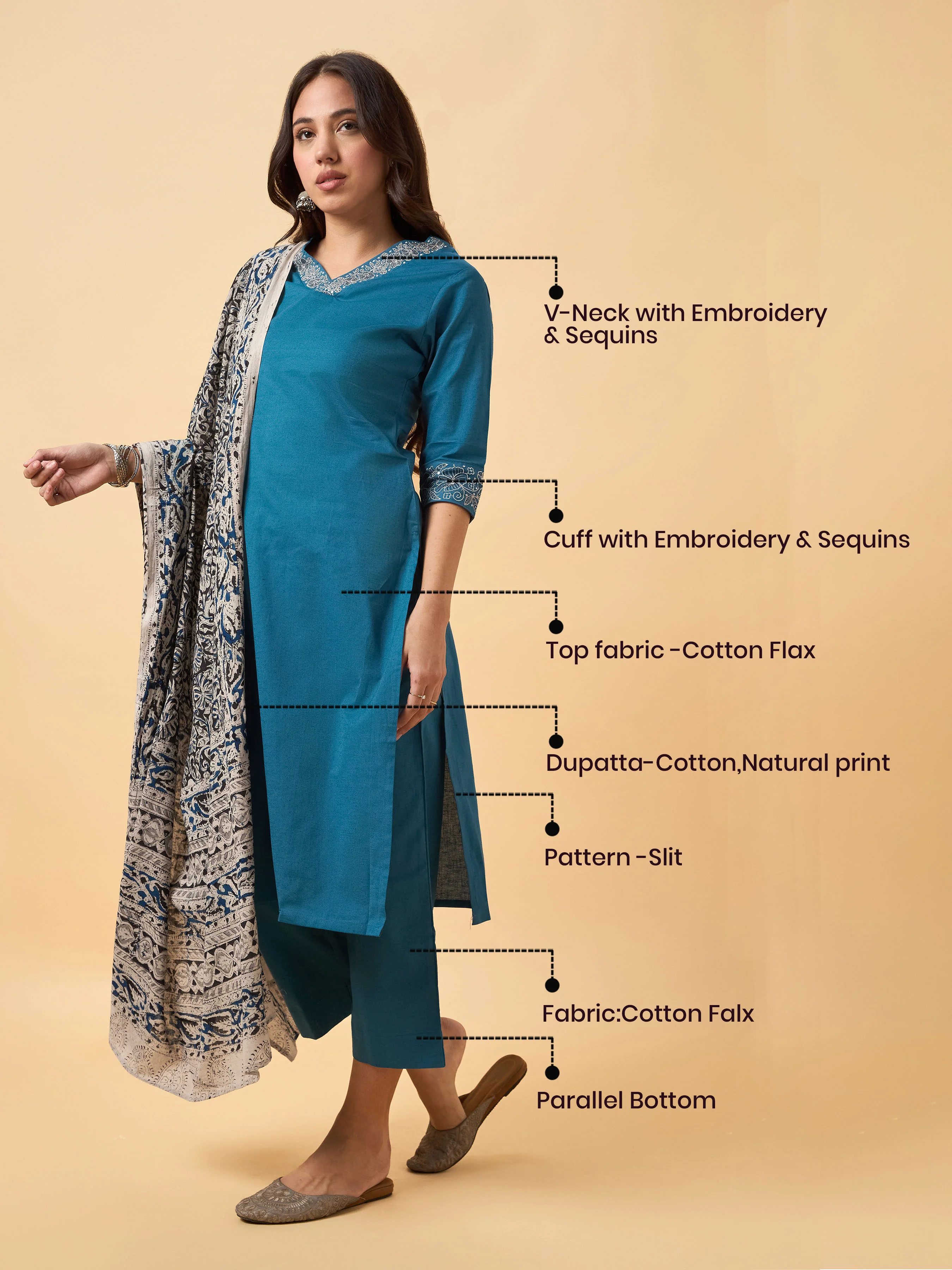 Classic Blue Cotton Flax Plain Kurti Set With Kalamkari Dupatta And Sequence Embroidery - Image 8