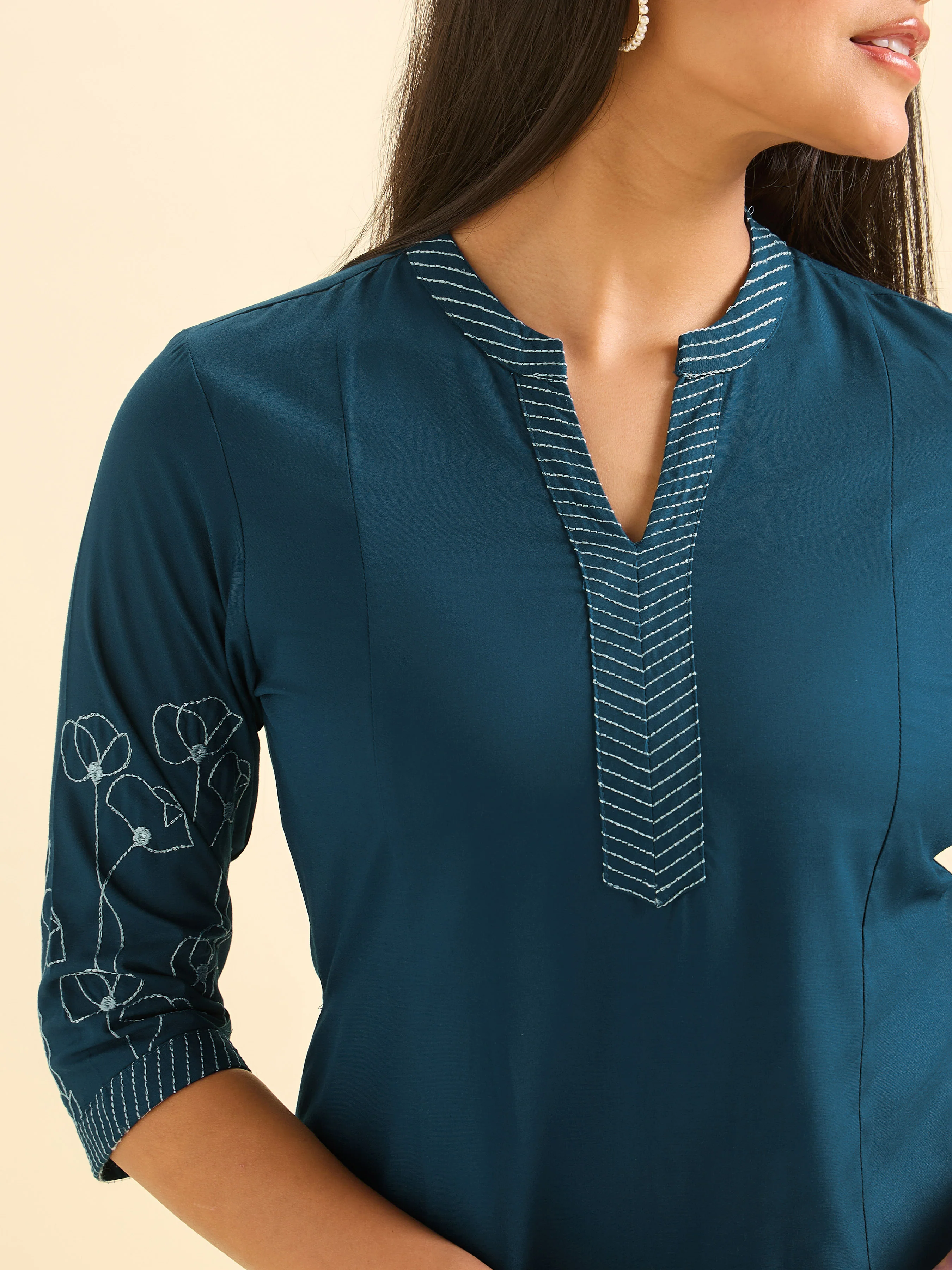 Classic Blue Viscose Plain Slitted Kurti With Embroidery - Image 2
