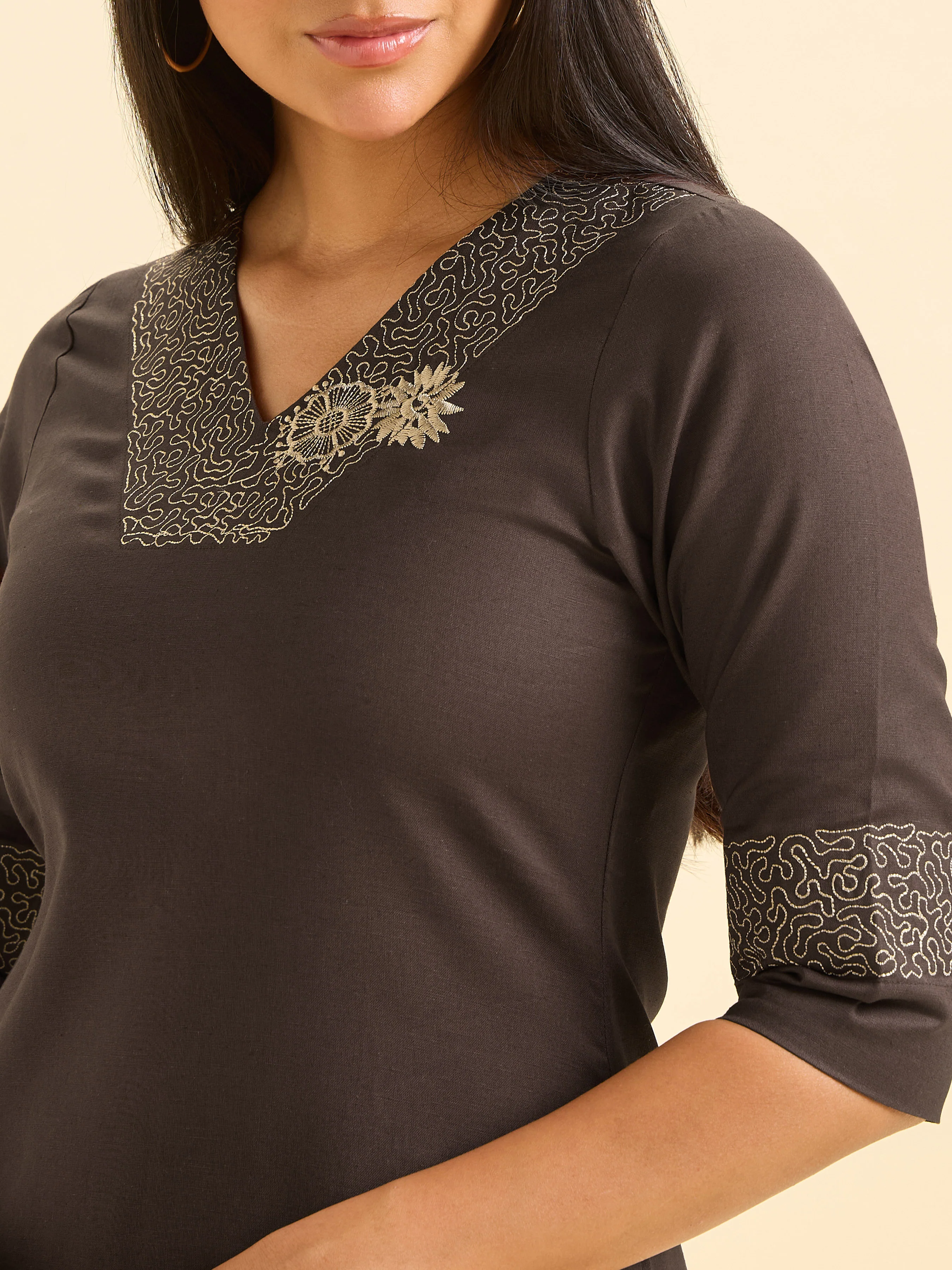 Coffee Brown Cotton Flax Slit Co-Ord Set With Embroidery - Image 2