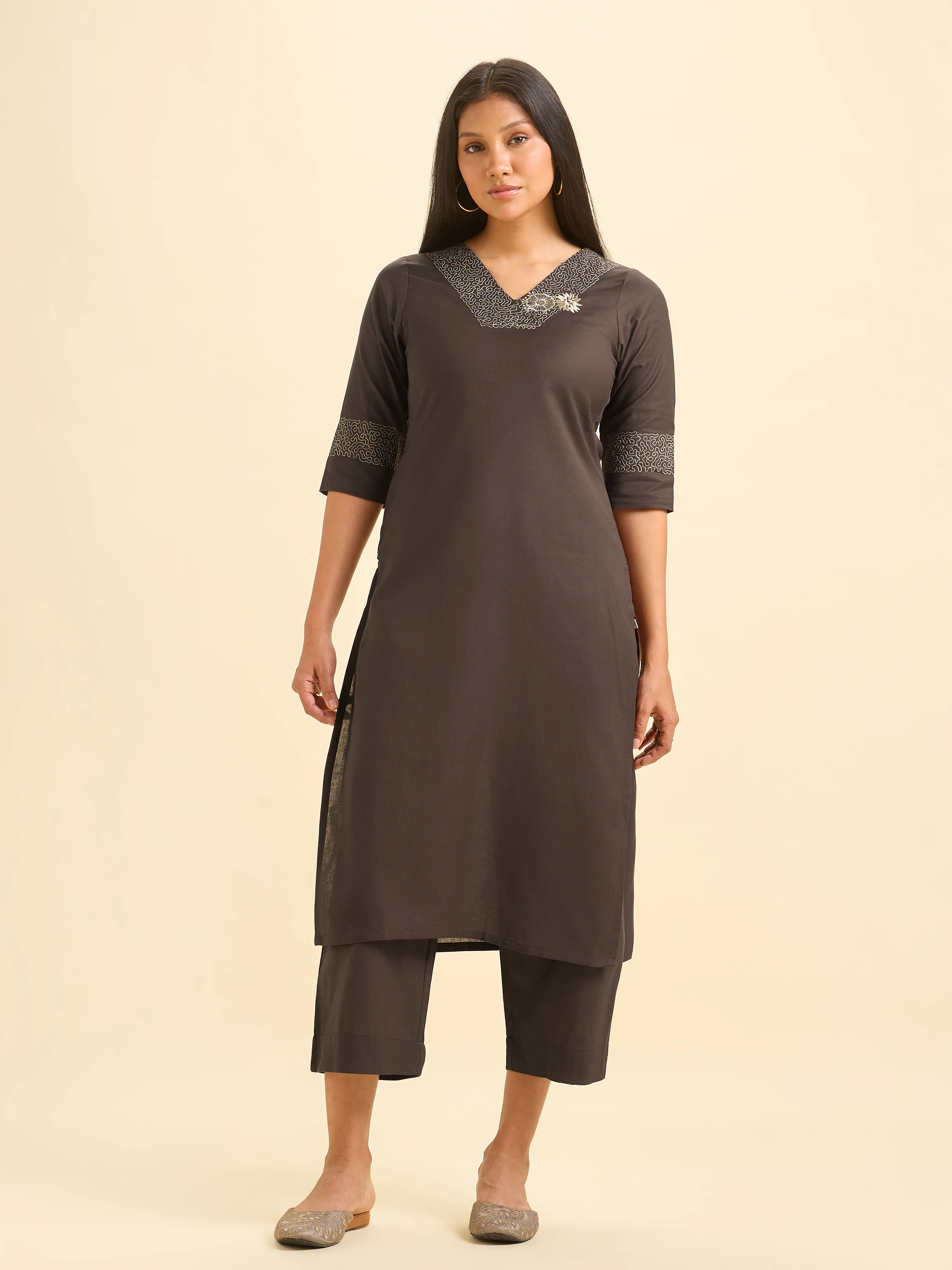 Coffee Brown Cotton Flax Slit Co-Ord Set With Embroidery - Image 3