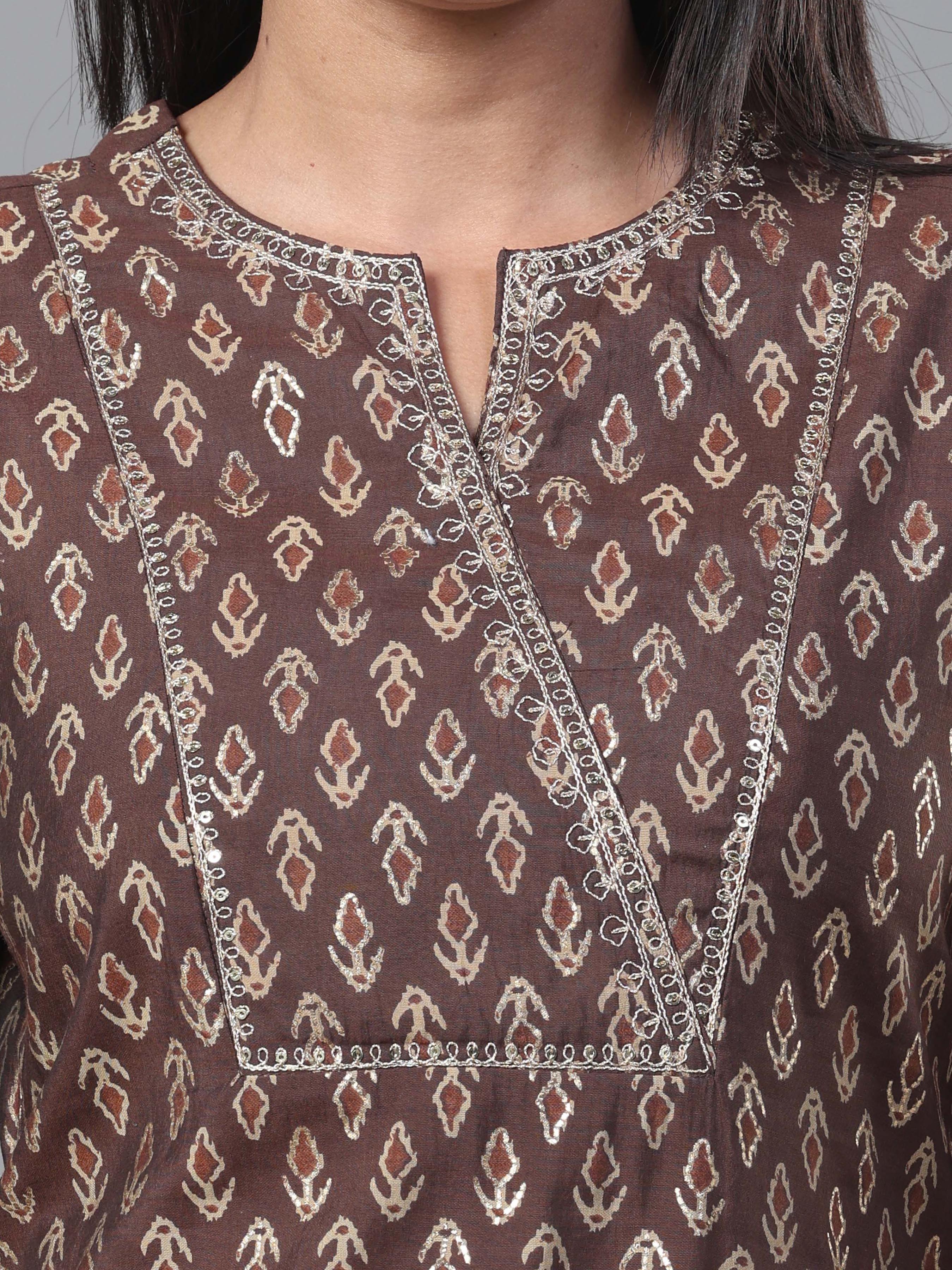 Coffee Brown Modal Chanderi Printed Kurti With Embroidery - Image 2
