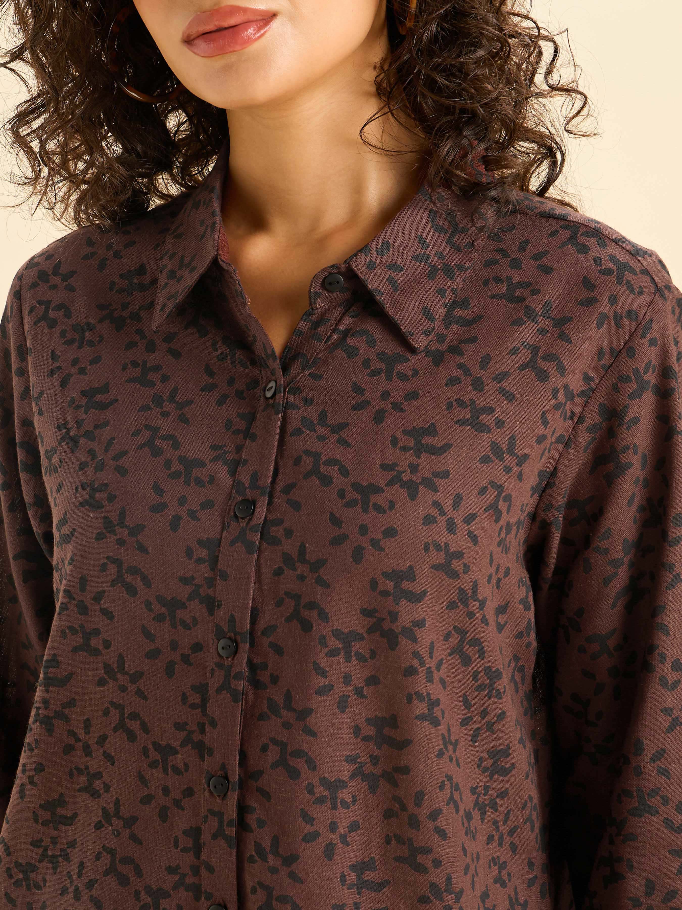 Coffee Brown Viscose Linen Printed Tunic Top and Bottom Set - Image 2