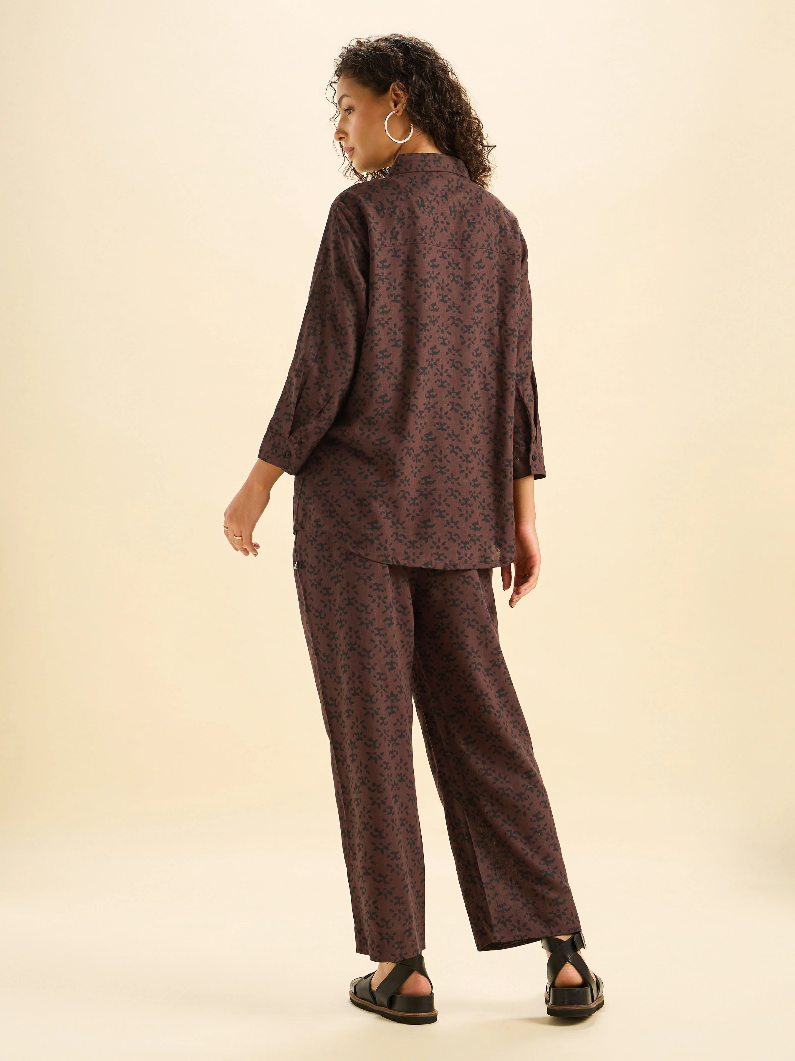 Coffee Brown Viscose Linen Printed Tunic Top and Bottom Set - Image 3