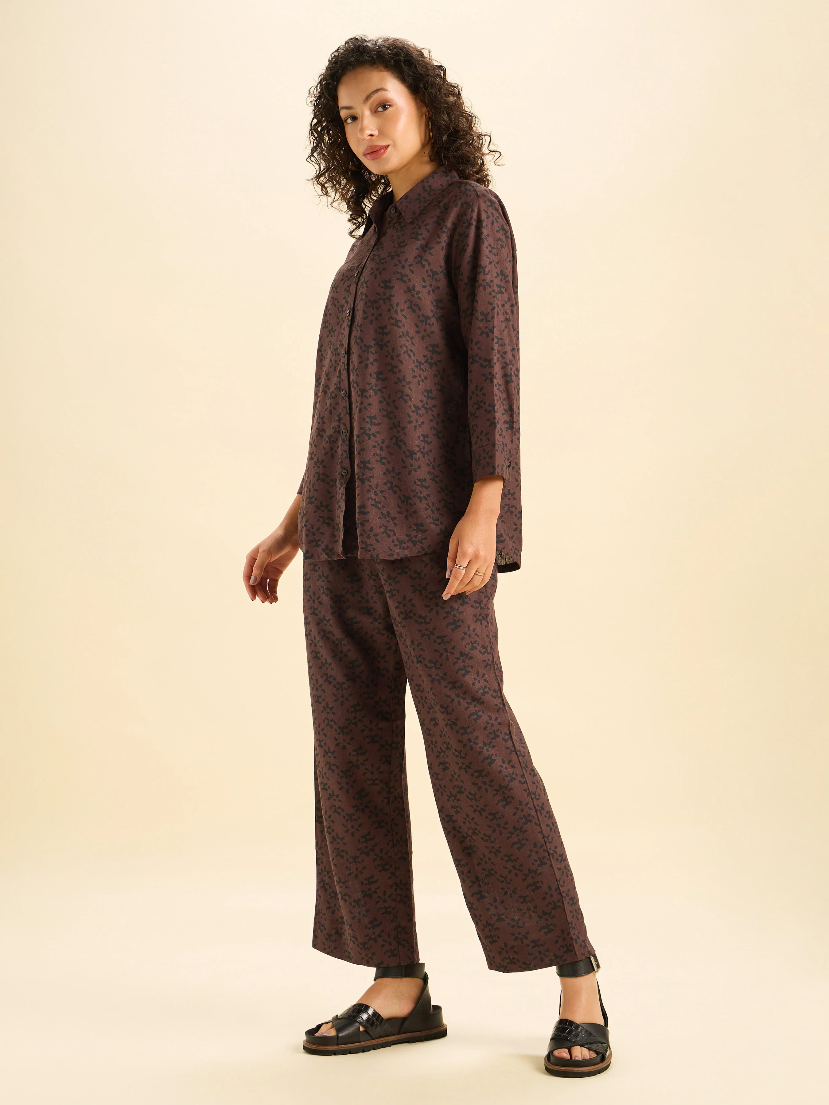 Coffee Brown Viscose Linen Printed Tunic Top and Bottom Set - Image 4