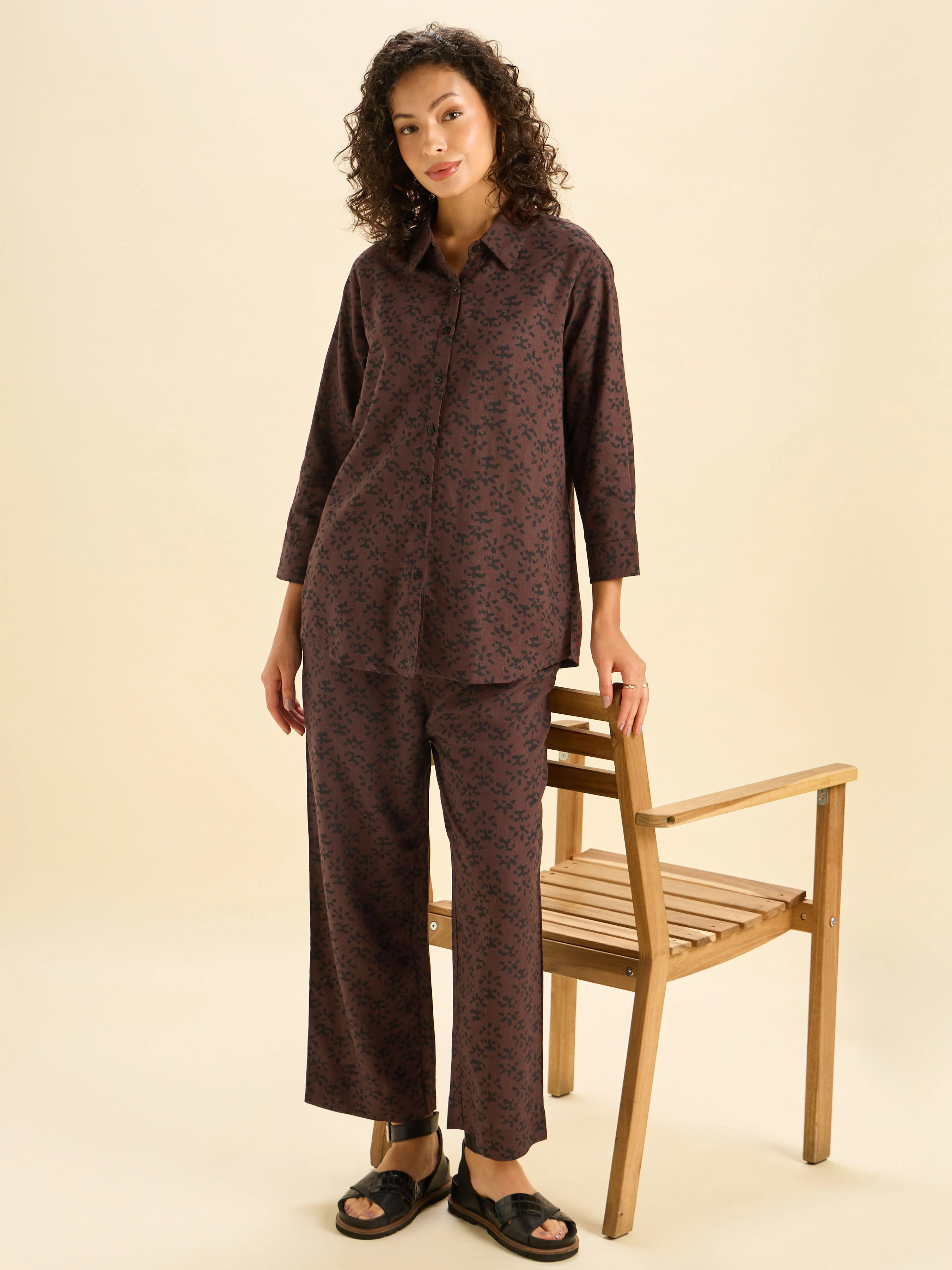Coffee Brown Viscose Linen Printed Tunic Top and Bottom Set - Image 5