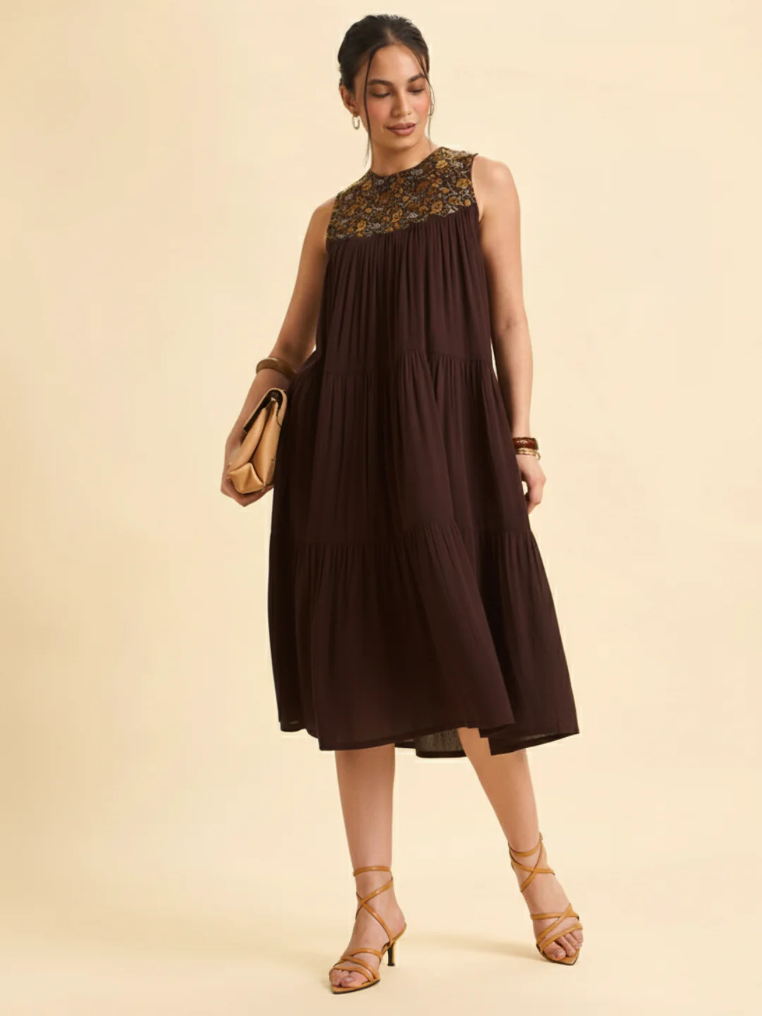 Coffee Brown Wrinkle Viscose Plain Flared Tiered Cut Kurti With Sequins Embroidery