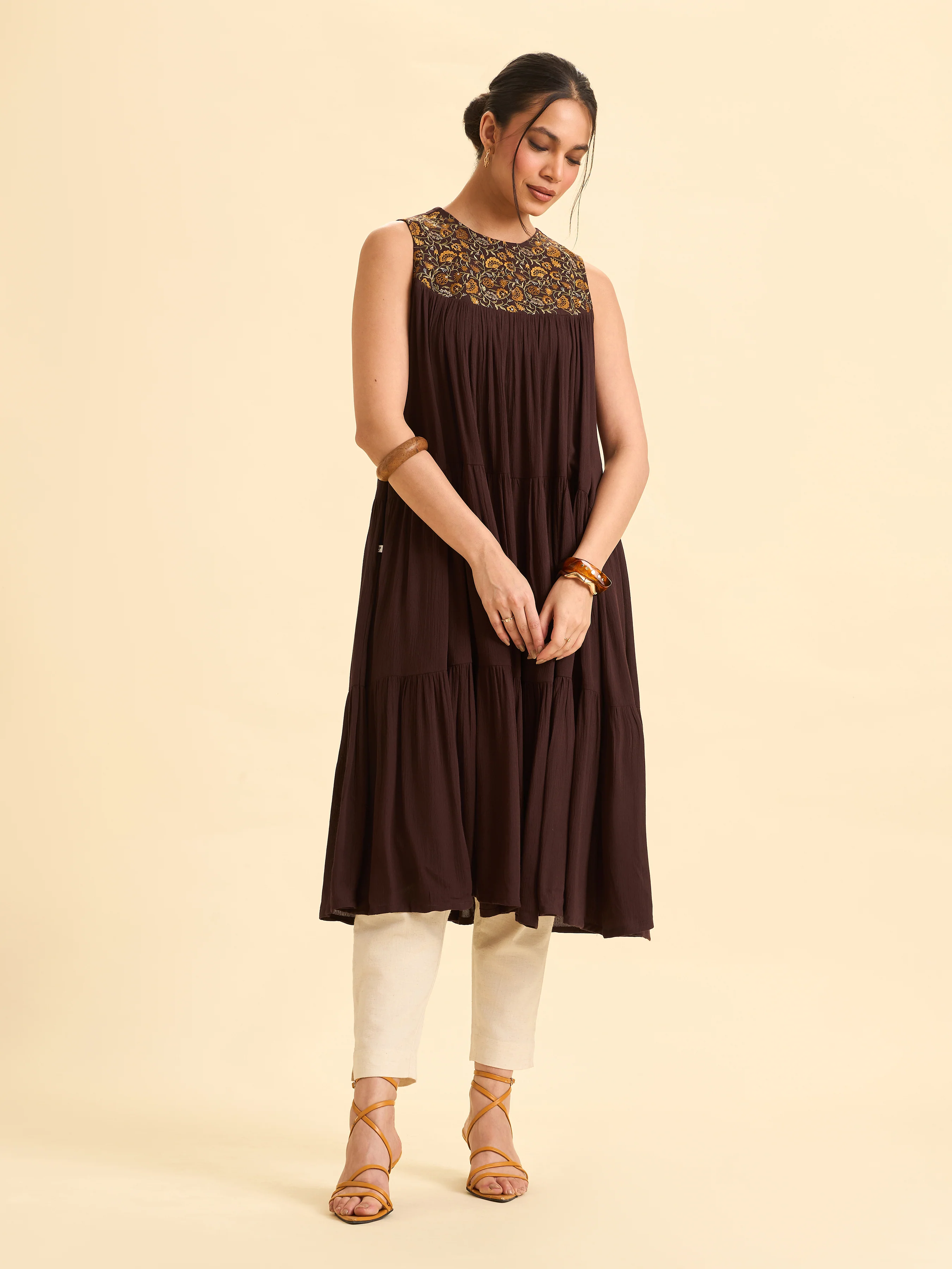 Coffee Brown Wrinkle Viscose Plain Flared Tiered Cut Kurti With Sequins Embroidery - Image 3
