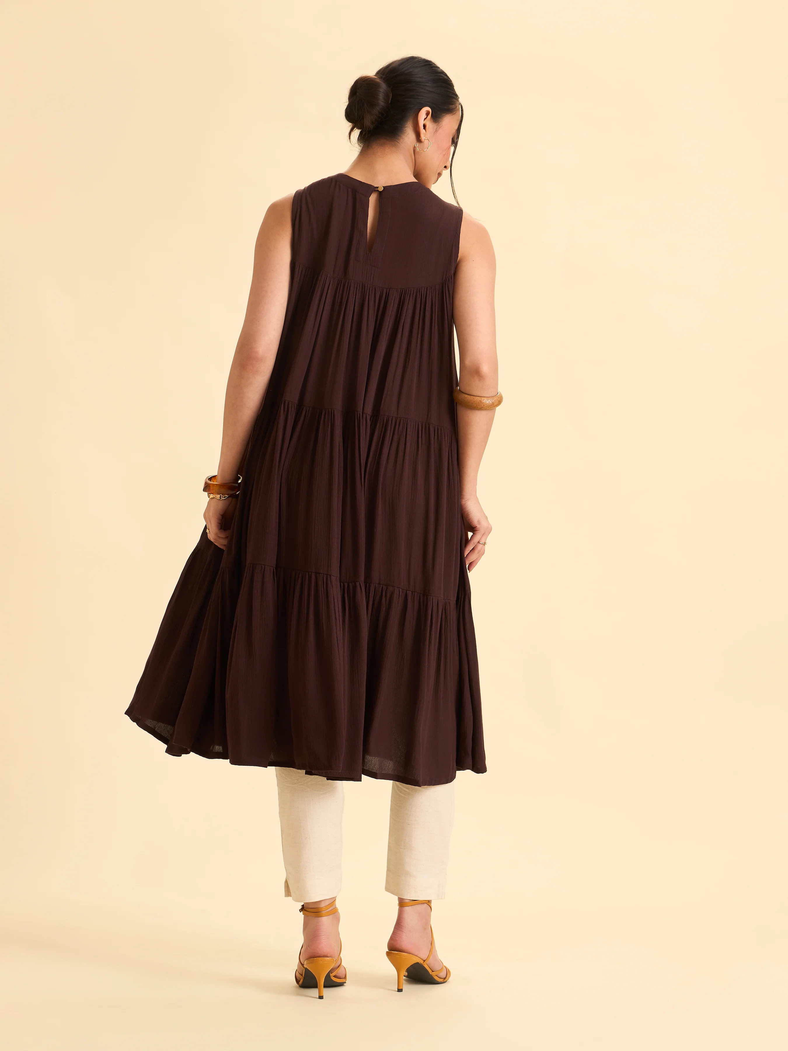 Coffee Brown Wrinkle Viscose Plain Flared Tiered Cut Kurti With Sequins Embroidery - Image 6