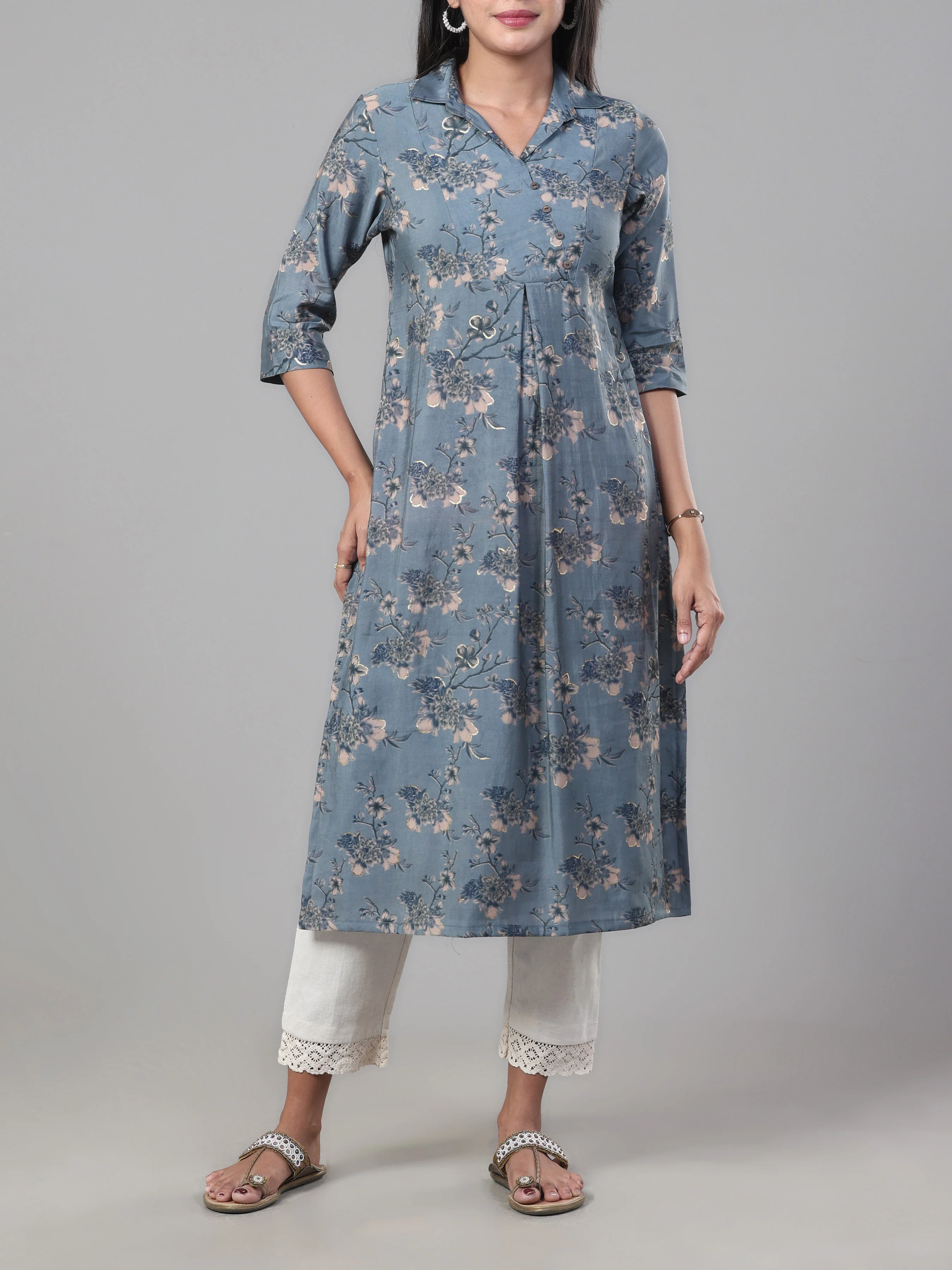 Dark Grey Modal Chanderi Printed Kurti - Image 4