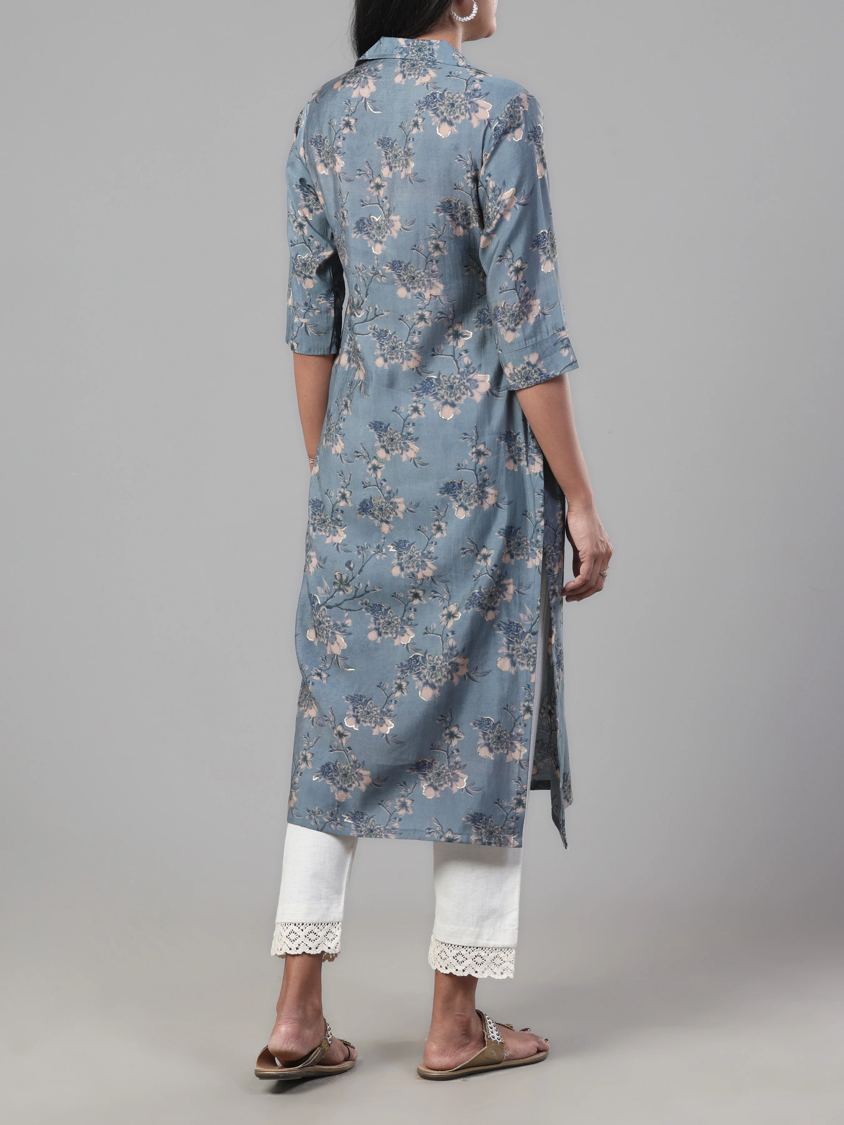 Dark Grey Modal Chanderi Printed Kurti - Image 5