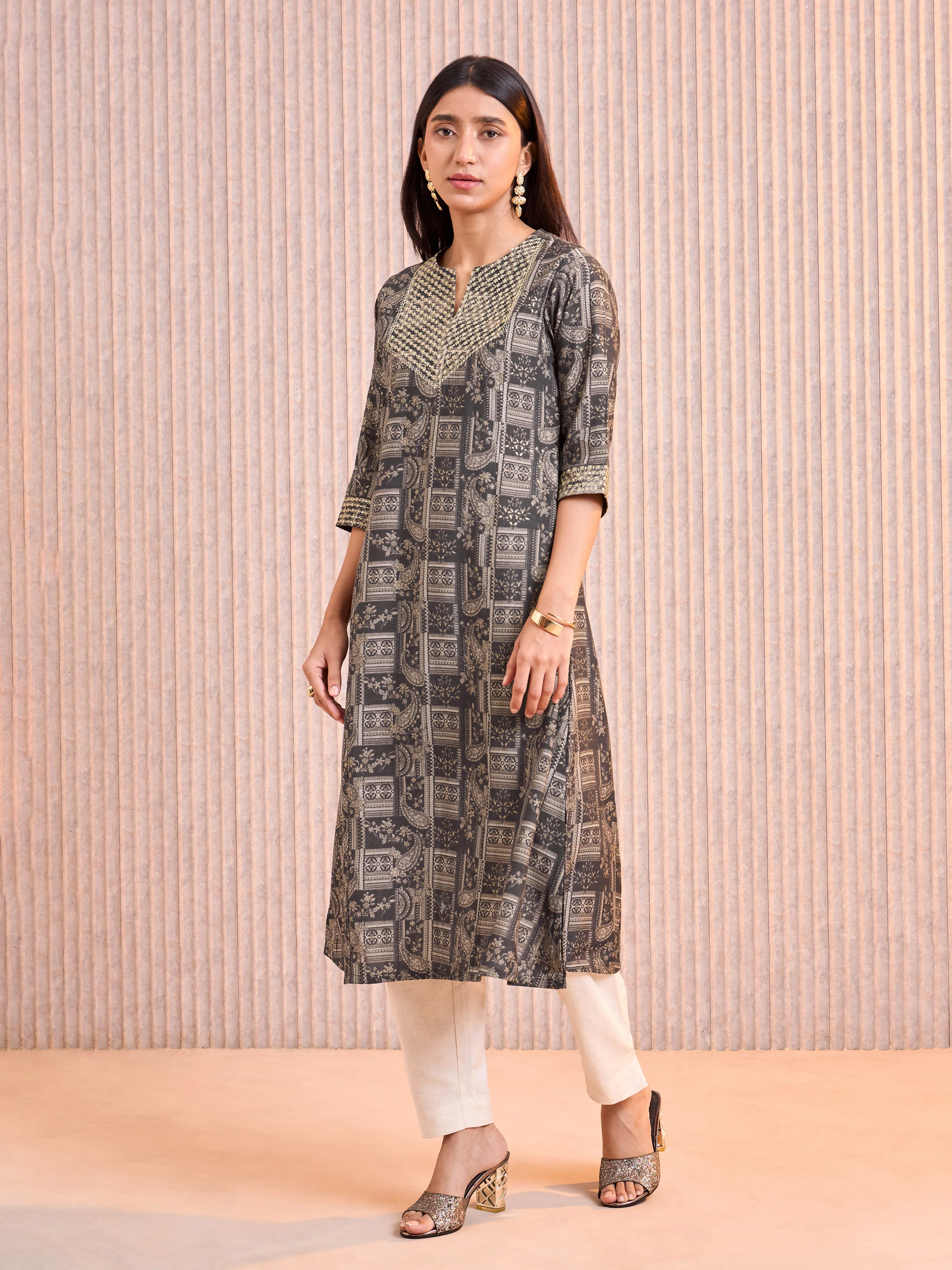 Dark Grey Modal Chanderi Printed Kurti With Cording Embroidery - Image 4
