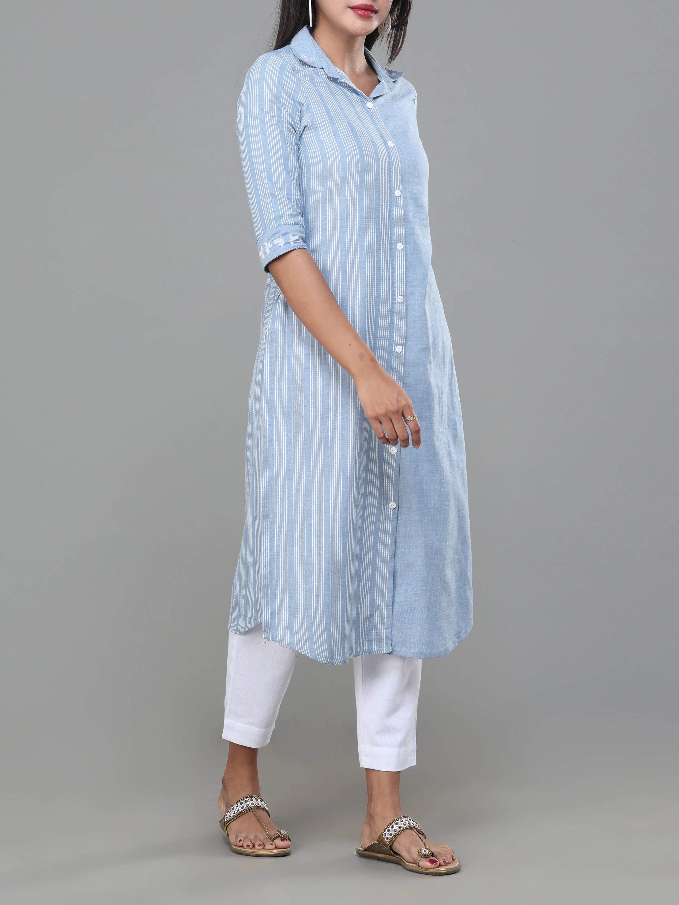 Denim Blue Cotton Dobby Kurti With Shirt Collar - Image 3