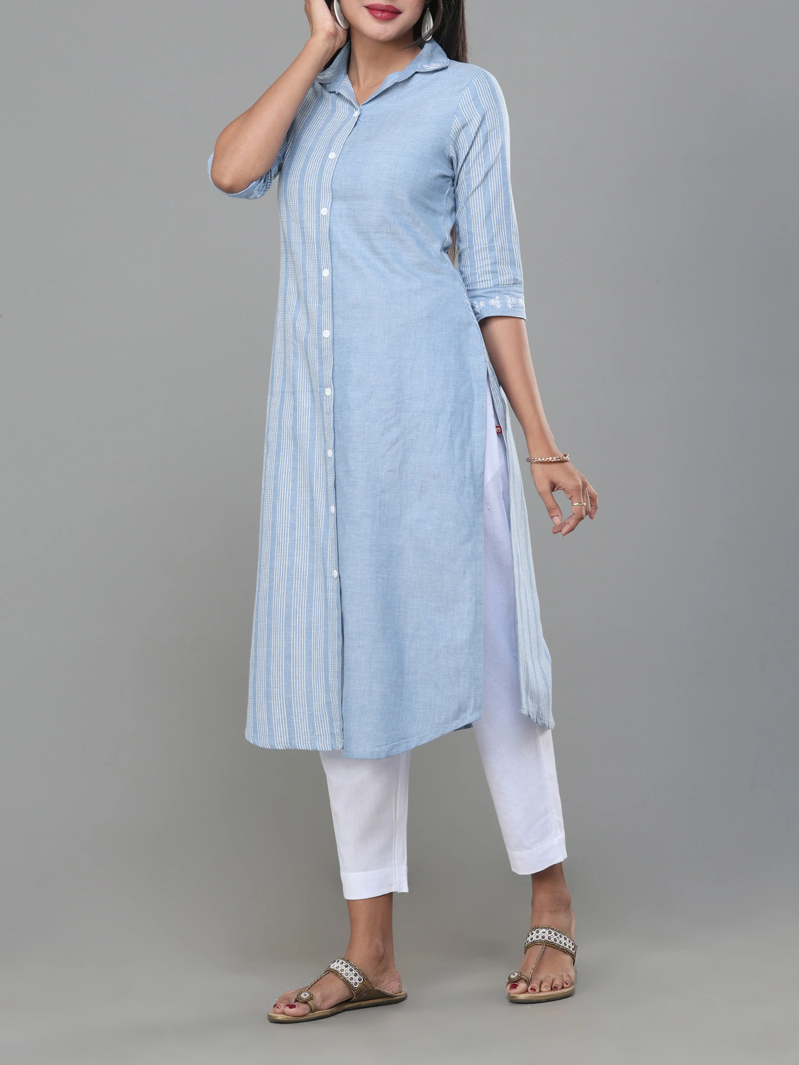 Denim Blue Cotton Dobby Kurti With Shirt Collar - Image 4