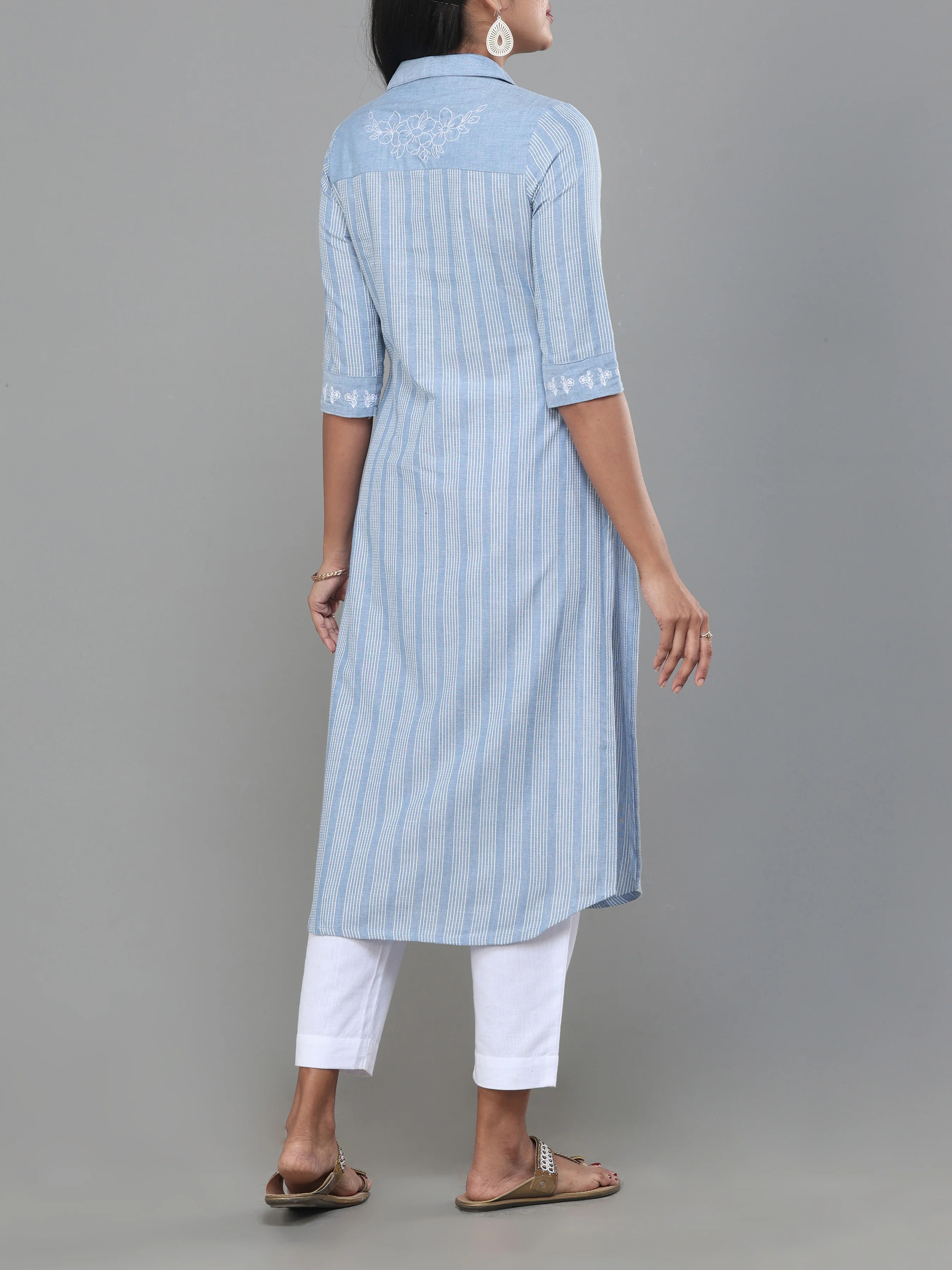 Denim Blue Cotton Dobby Kurti With Shirt Collar - Image 5